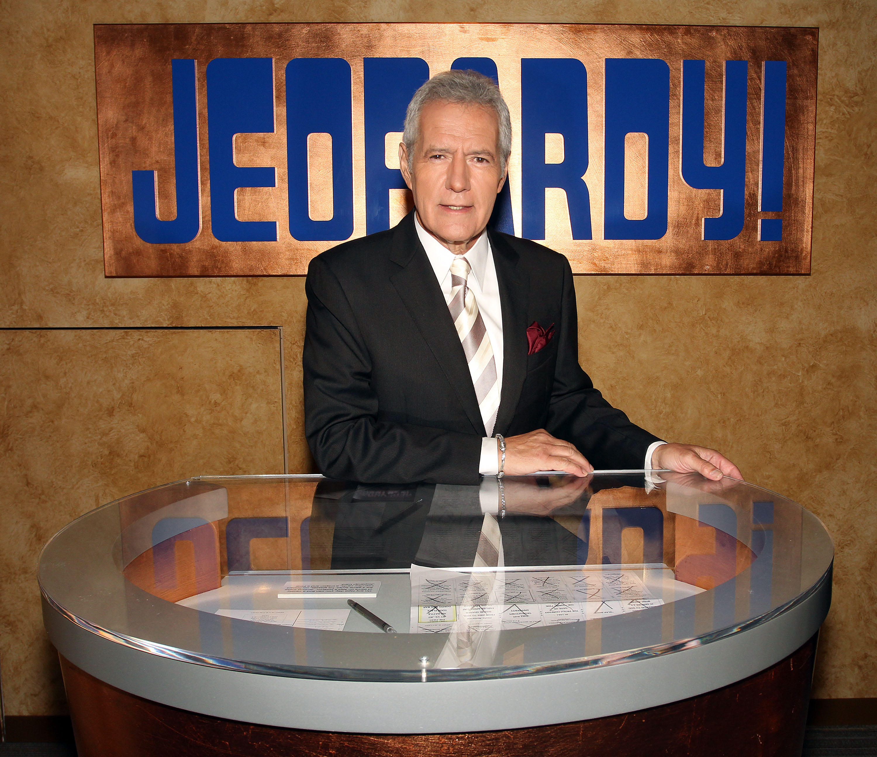 Alex Trebek poses on the set at Sony Pictures for the 28th Season Premiere 'Jeopardy!' on September 20, 2011