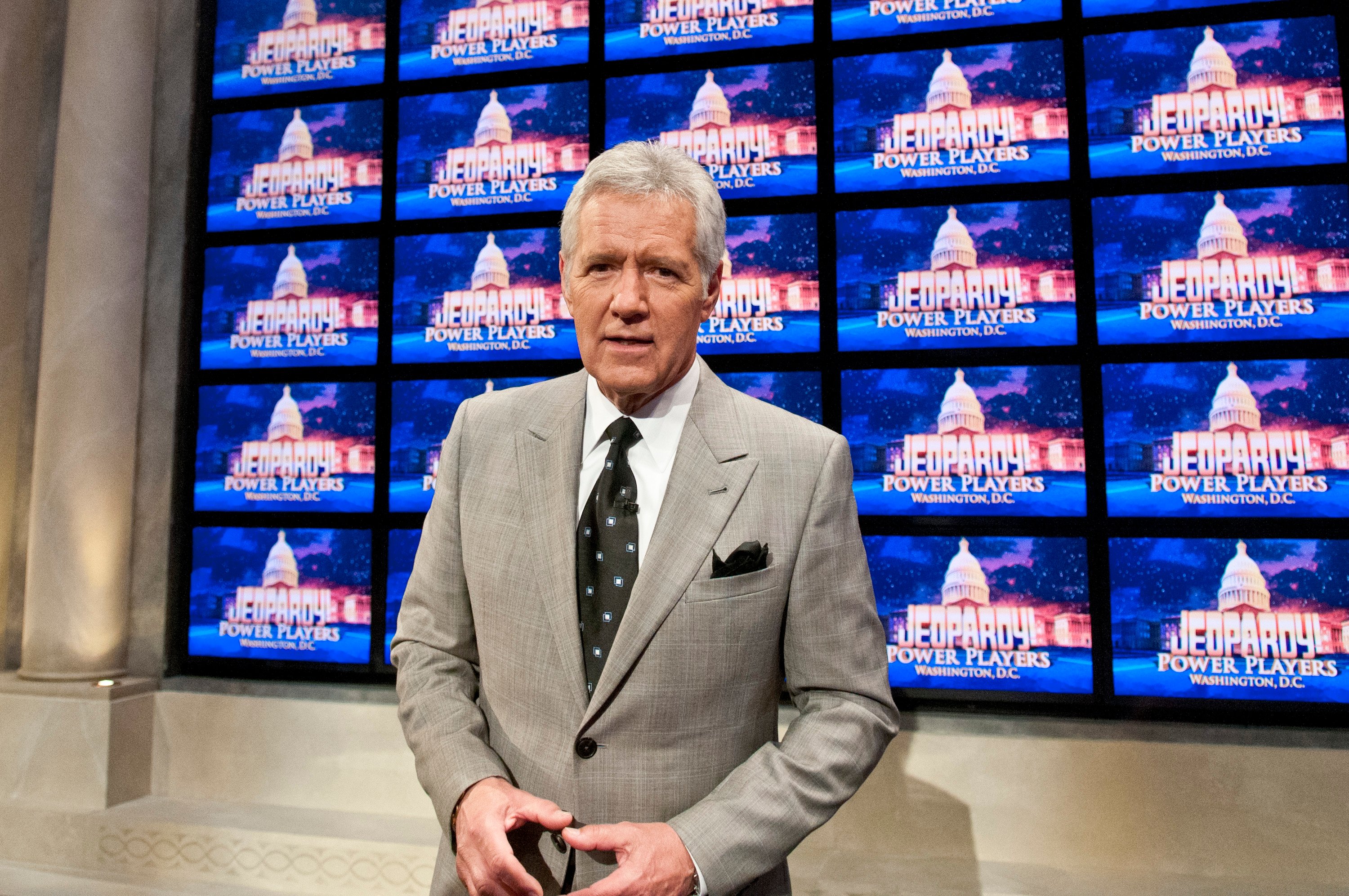 Alex Trebek speaks during a rehearsal before a taping of 'Jeopardy!'