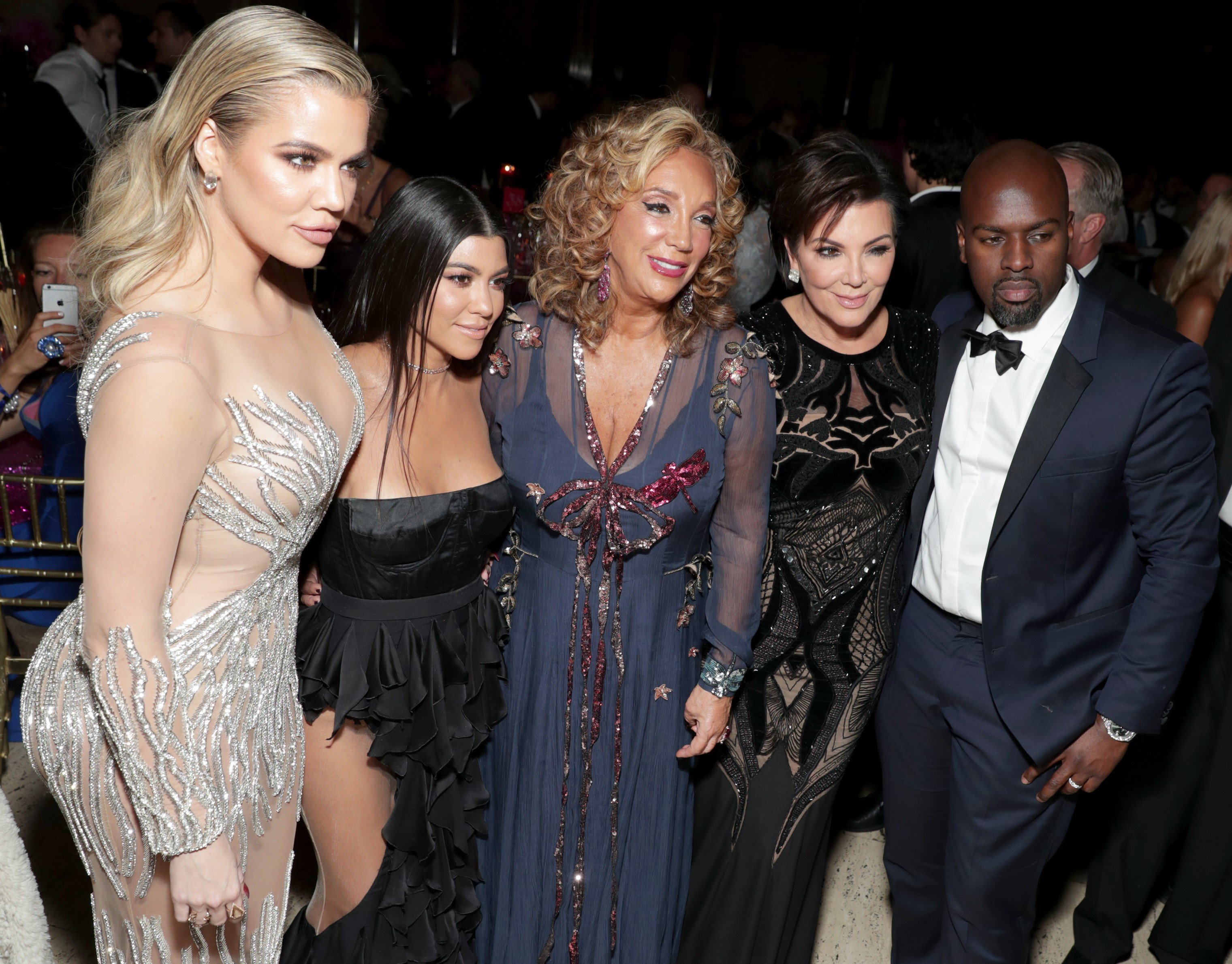 (L-R): Khloe Kardashian, Kourtney Kardashian, Denise Rich, Kris Jenner, and Corey Gamble