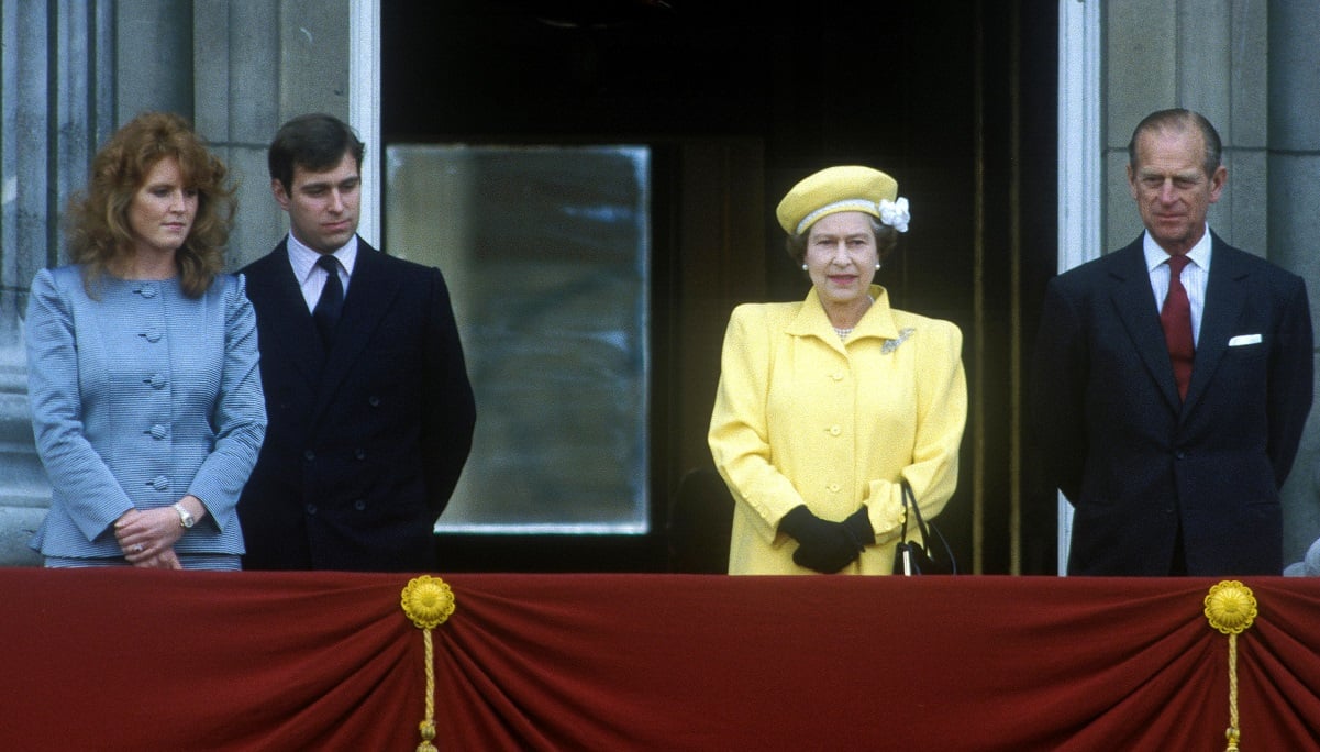 (L-R) Sarah Ferguson, Prince Andrew, Queen Elizabeth II, and Prince Philip