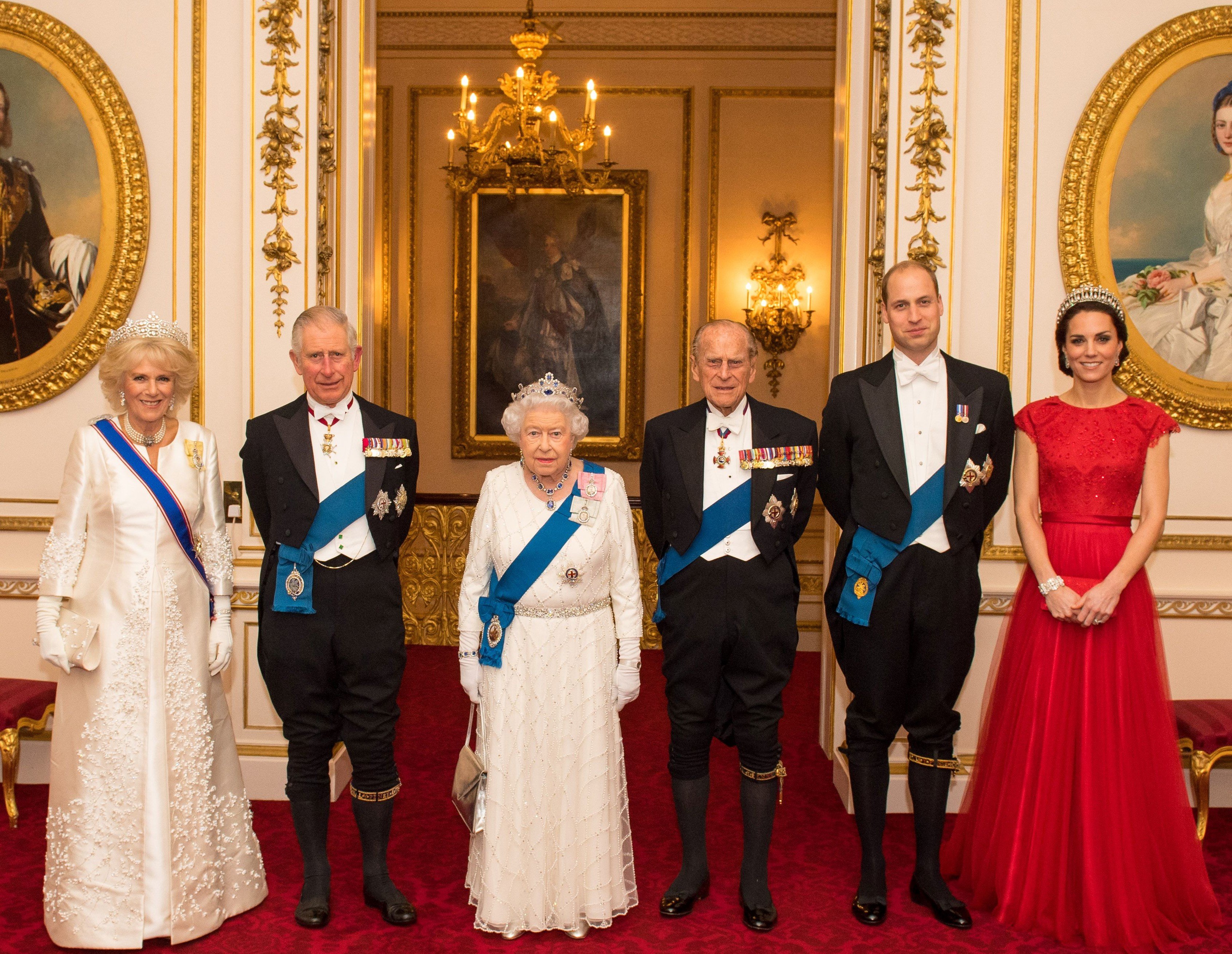 (L to R): Camilla Parker Bowles, Prince Charles, Queen Elizabeth II, Prince Philip, Prince William, and Kate Middleton