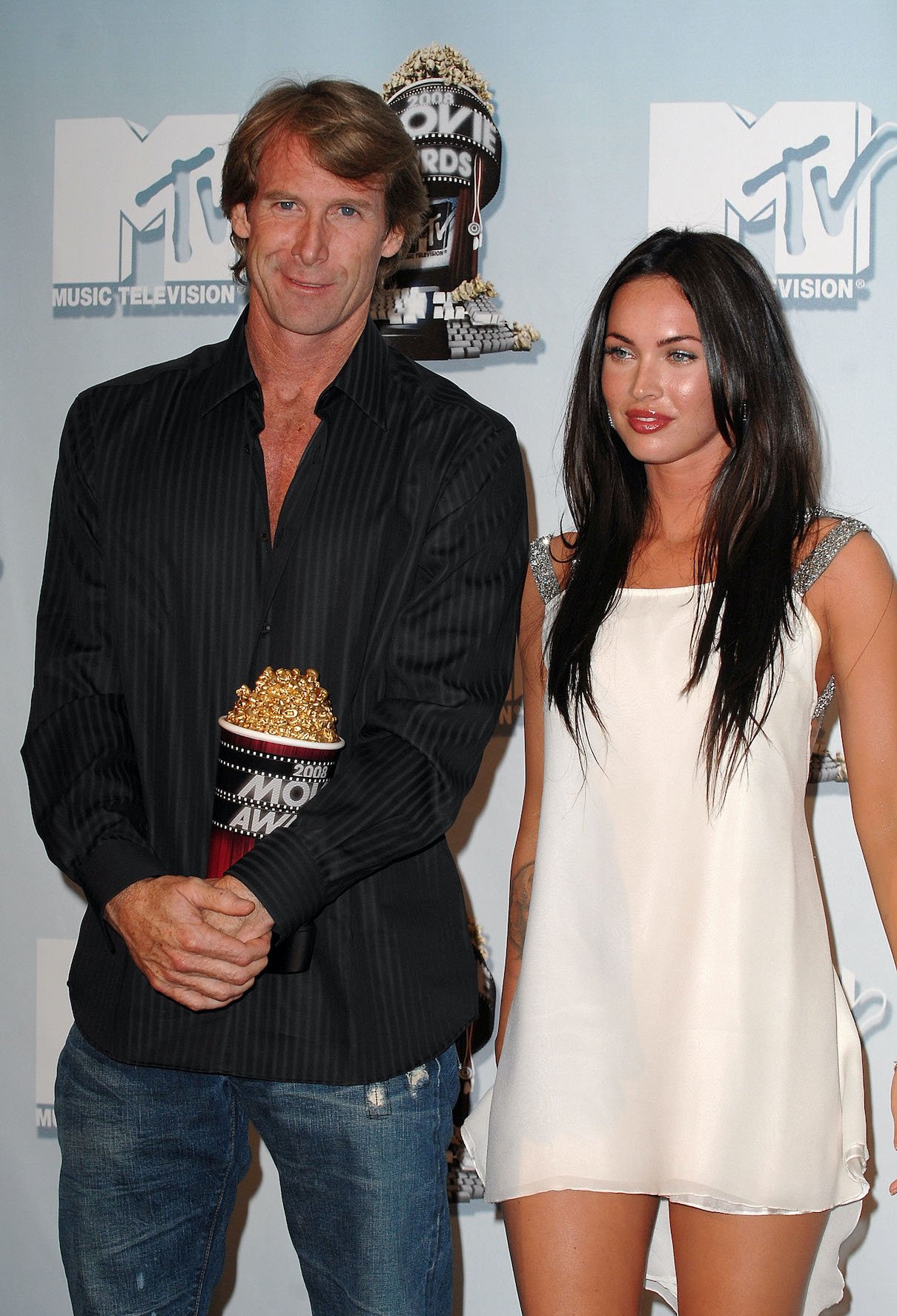 Michael Bay and actress Megan Fox in the press room at the 2008 MTV Movie Awards on June 1, 2008