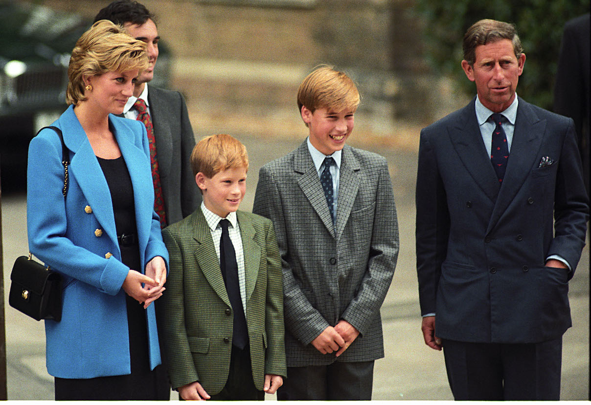 Princess Diana, Prince Harry, and Prince Charles with Prince William on his first day at Eton