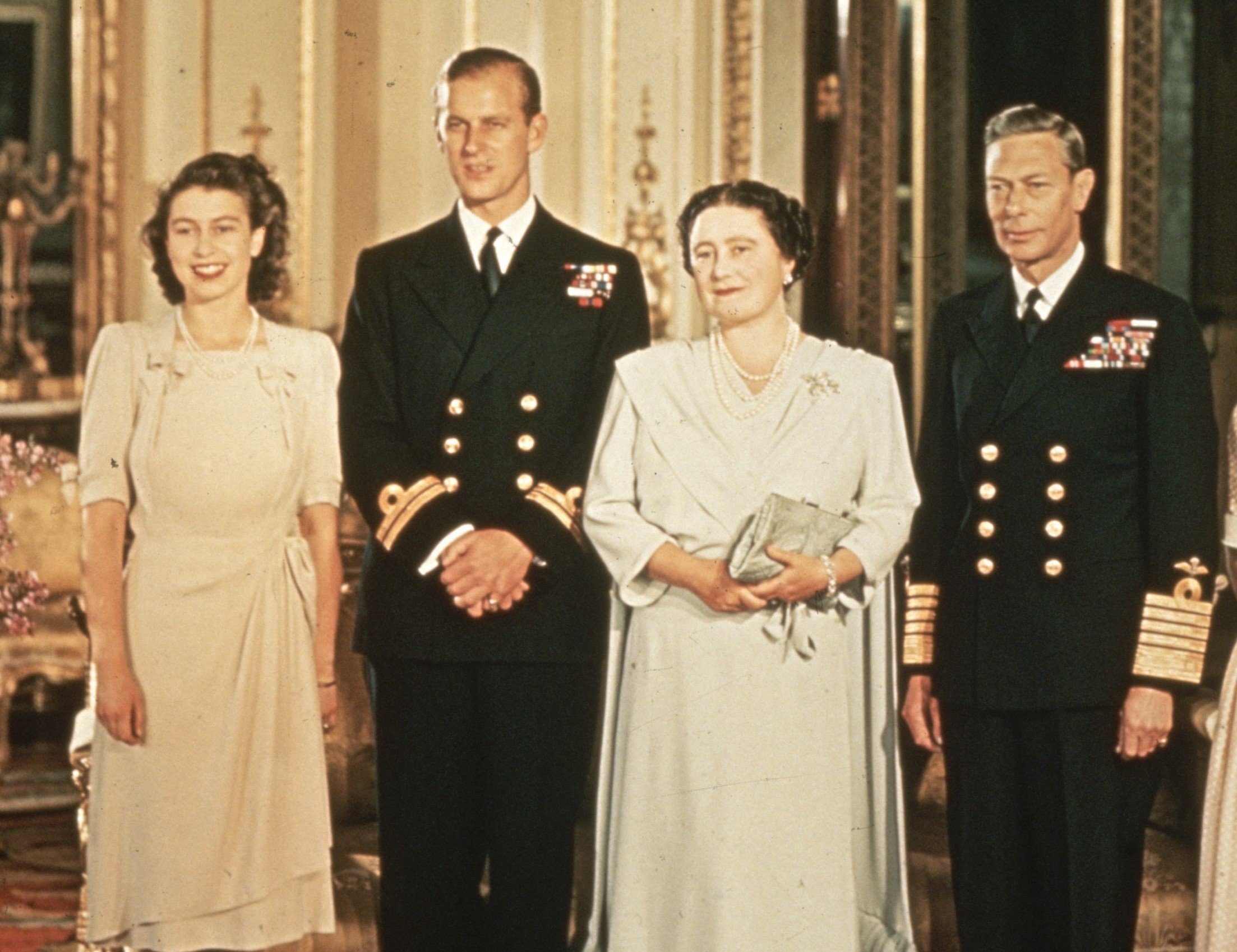 Princess Elizabeth, Prince Philip, the Queen Mother, and King George VI