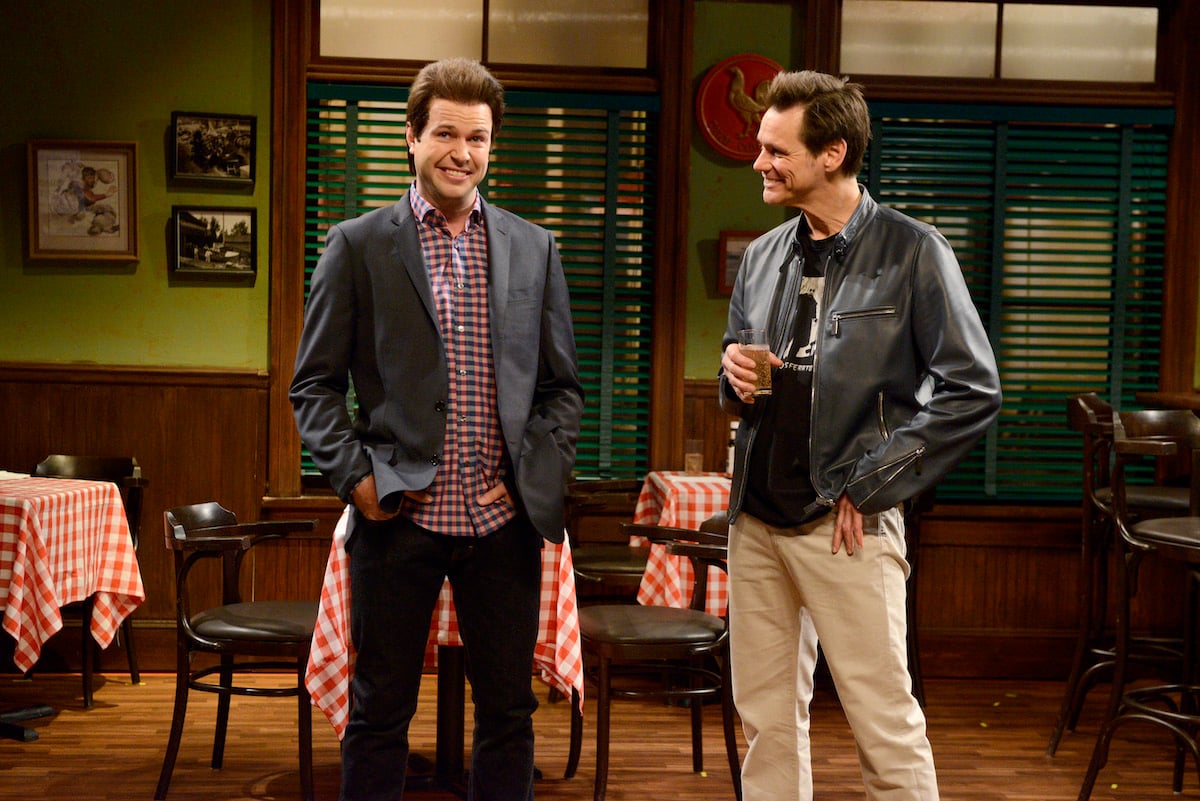 Taran Killam as Jay Carrey and Jim Carrey during the "Carrey Family Reunion" skit