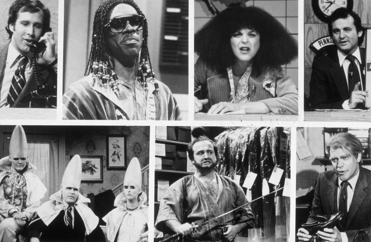 Circa 1975, Stills from sketches from the 1975-84 seasons of the television show 'Saturday Night Live.' Top, left to right: Chevy Chase, Eddie Murphy, Gilda Radner (1946 - 1989), Bill Murray; and bottom Jane Curtain, Dan Aykroyd, Laraine Newman, John Belushi and Joe Piscopo 
