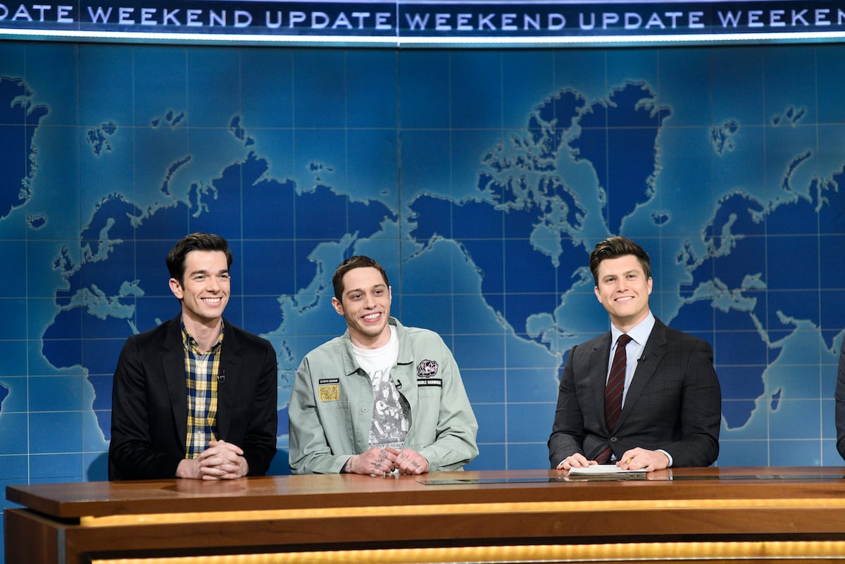 John Mulaney, Pete Davidson, and anchor Colin Jost during "Weekend Update" on Saturday, January 19, 2019