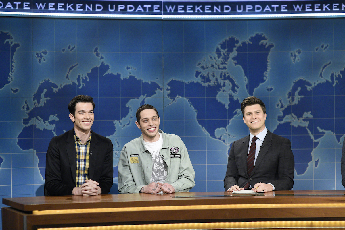 John Mulaney, Pete Davidson, and anchor Colin Jost during "Weekend Update" on Saturday, January 19, 2019