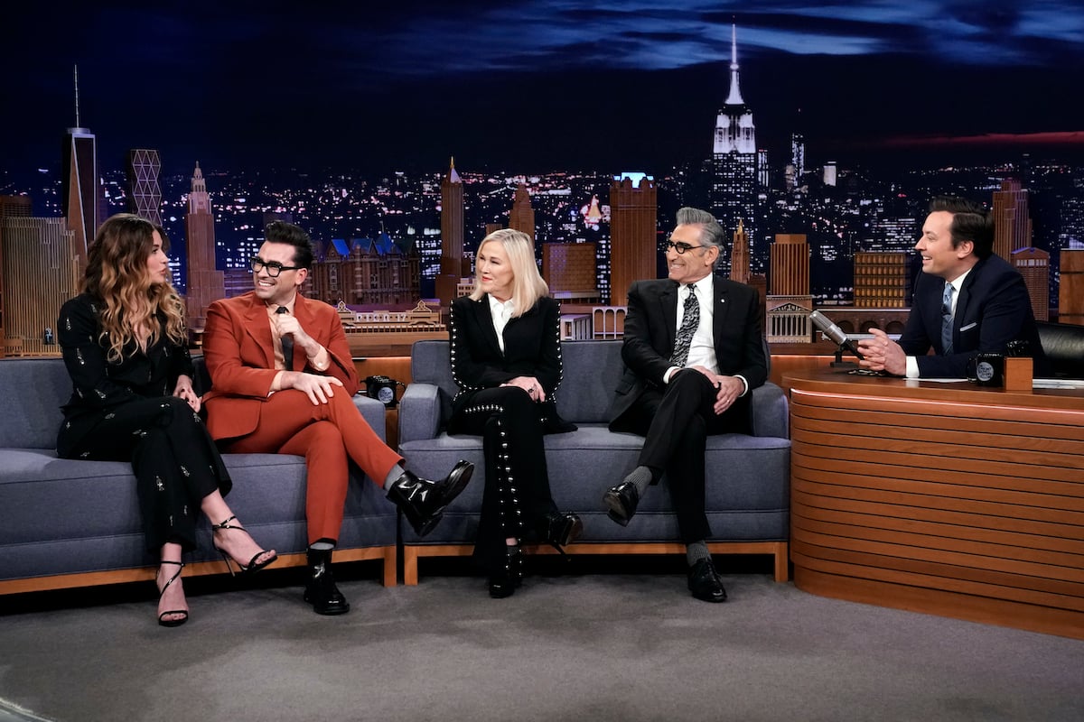 Annie Murphy, Dan Levy, Catherine O'Hara, and Eugene Levy of "Schitt's Creek" during an interview with host Jimmy Fallon