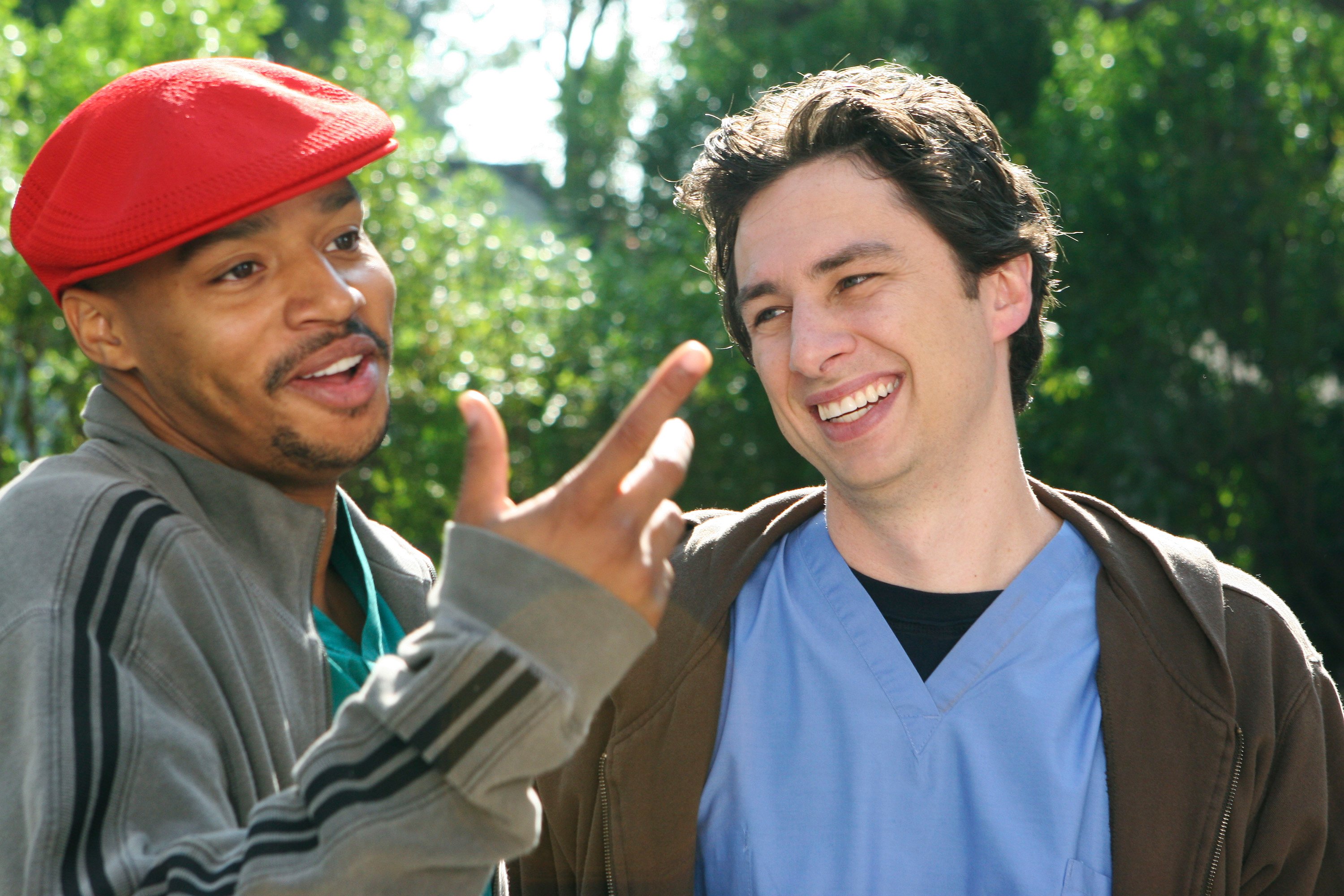 Donald Faison and Zach Braff filing a scene for 'Scrubs'