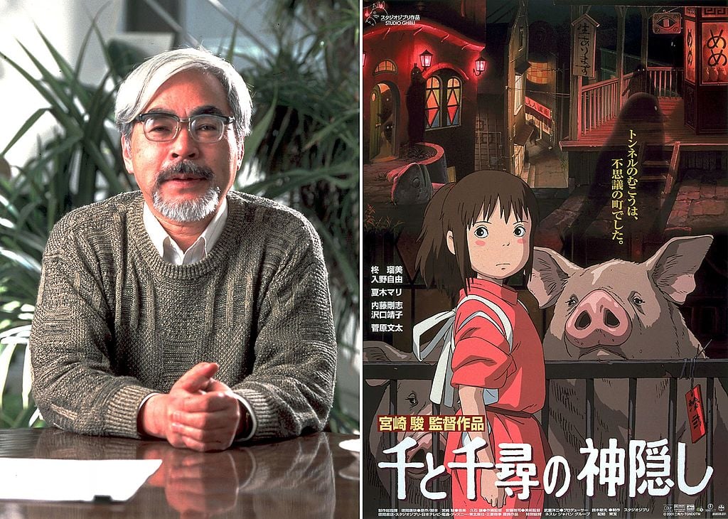 Spirited Away poster and Hayao Miyazaki of Studio Ghibli