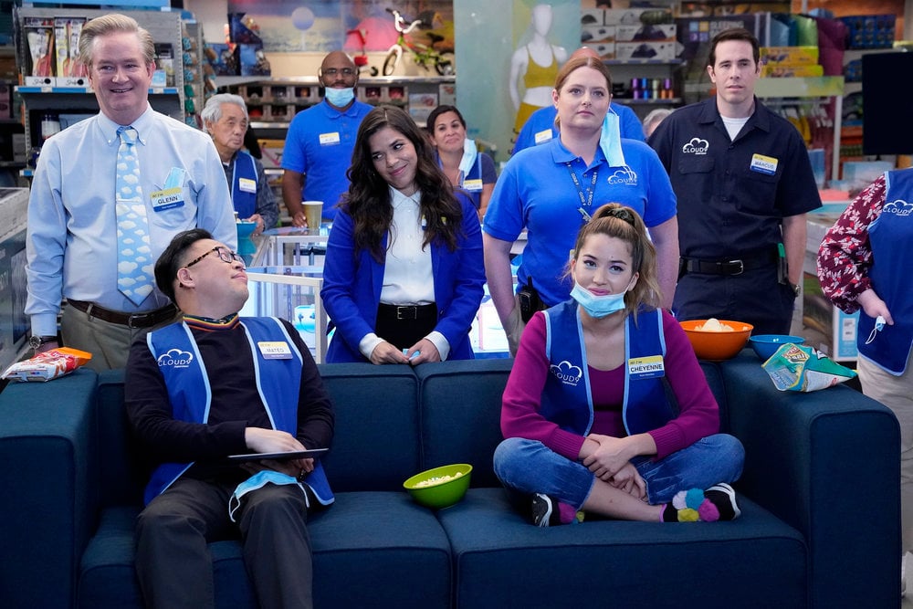 Mark McKinney as Glenn, Nico Santos as Mateo, America Ferrera as Amy, Lauren Ash as Dina, Nichole Sakura as Cheyenne, and Jon Barinholtz as Marcus in Season 6 of 'Superstore'