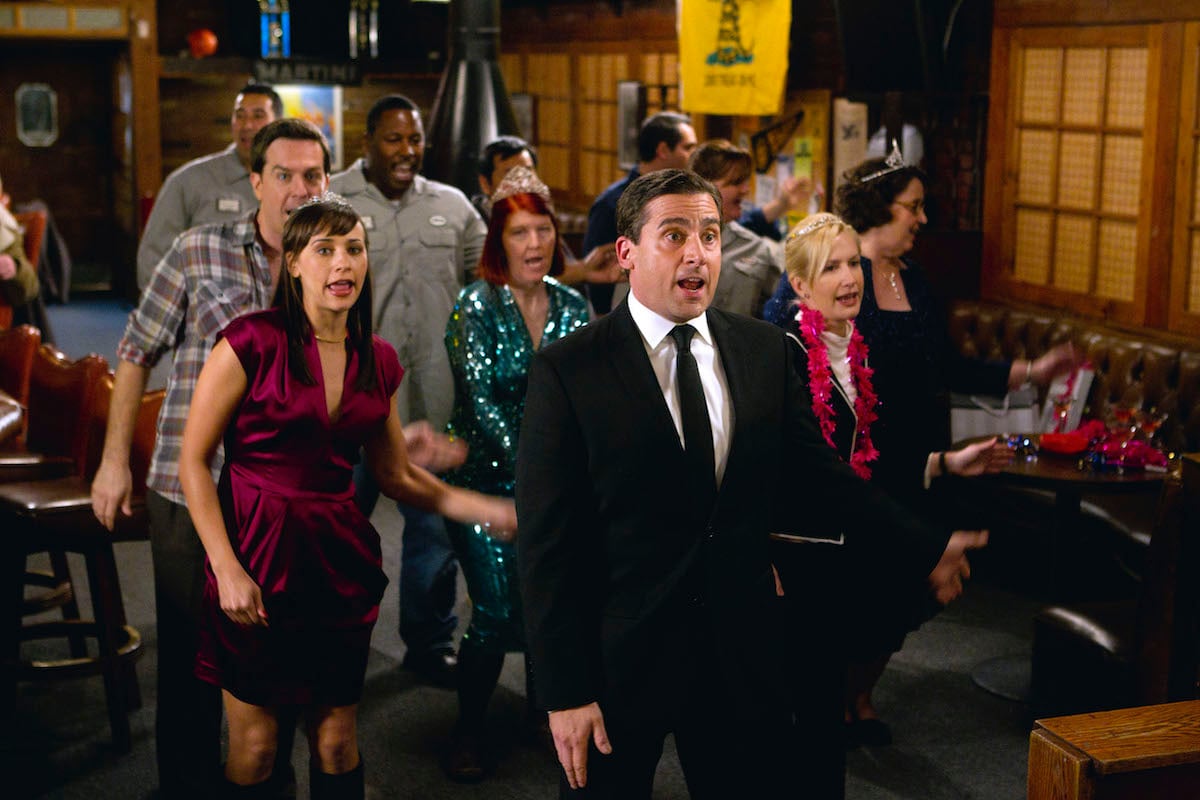 Ed Helms as Andy Bernard, Rashida Jones as Karen Filippelli, Kate Flannery as Meredith Palmer, Steve Carell as Michael Scott, Angela Kinsey as Angela Martin, Phyllis Smith as Phyllis Lapin on 'The Office'