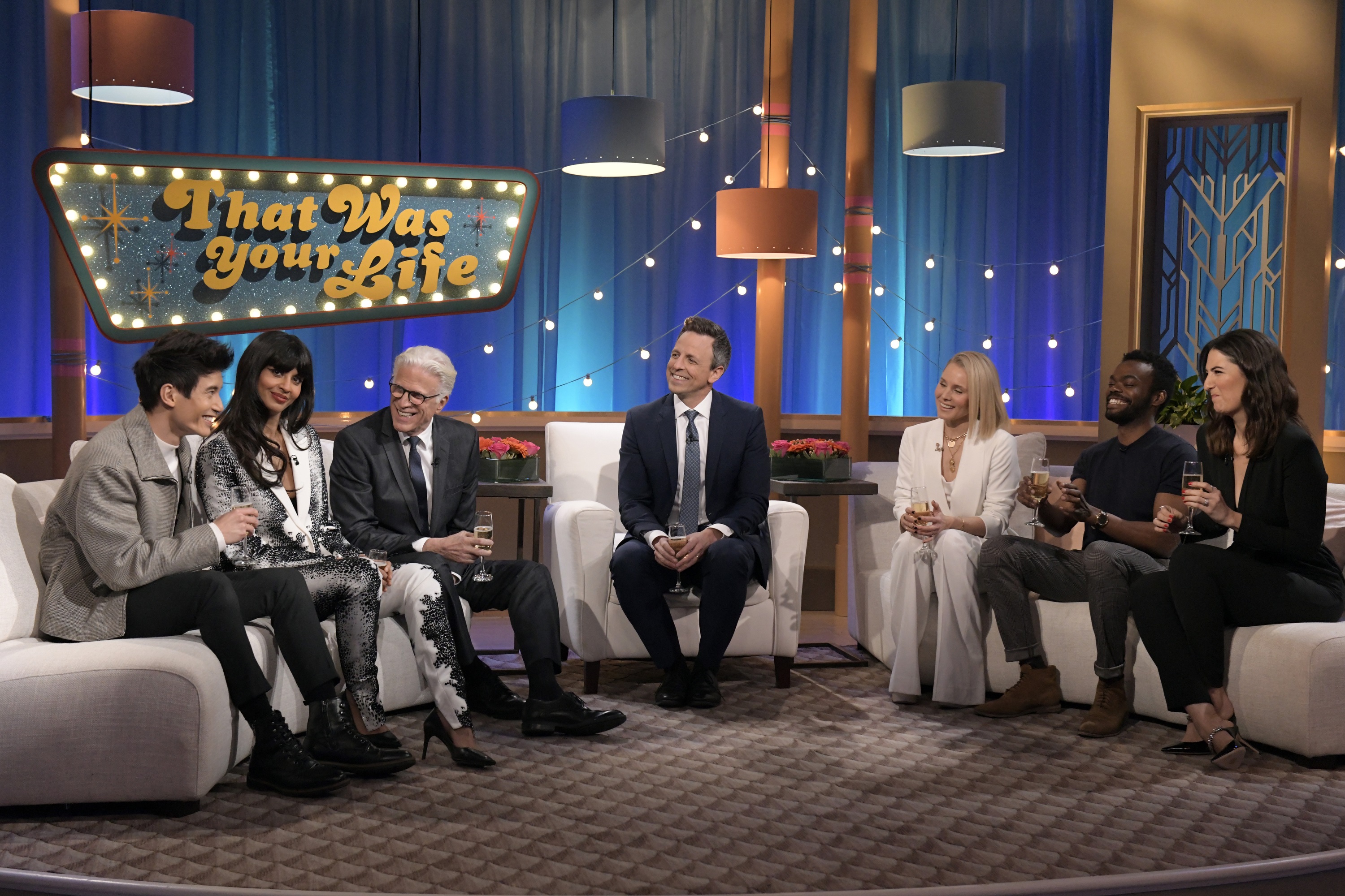 'The Good Place' stars Manny Jacinto, Jameela Jamil, Ted Danson, Seth Meyers, Kristen Bell, William Jackson Harper, and D'Arcy Carden