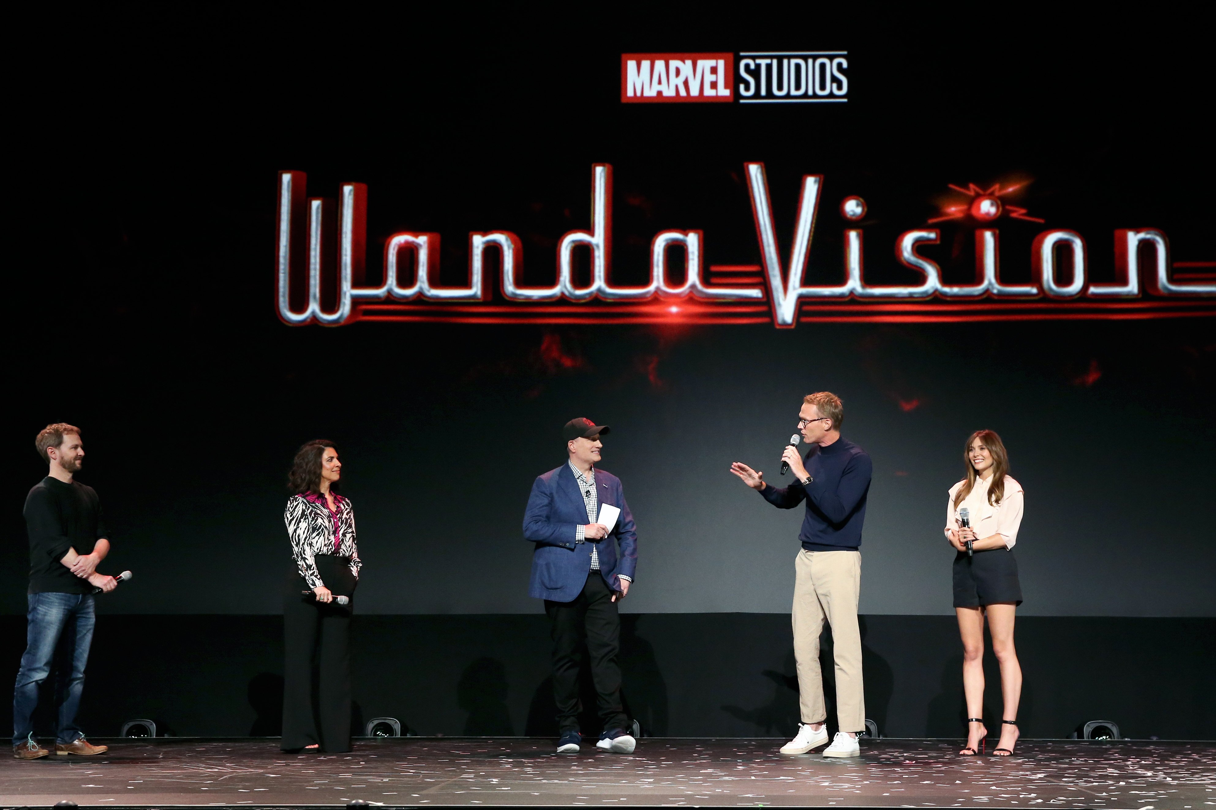 Director Matt Shakman and Head writer Jac Schaeffer of 'WandaVision,' President of Marvel Studios Kevin Feige, and Paul Bettany and Elizabeth Olsen