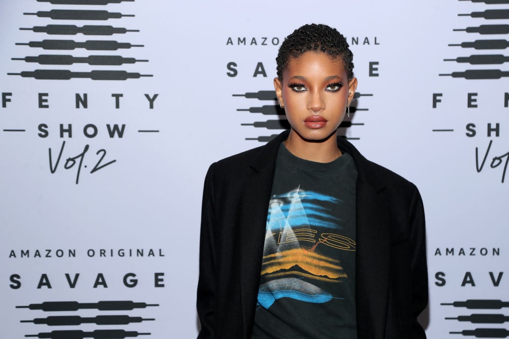 Willow Smith standing in front of a white and black background
