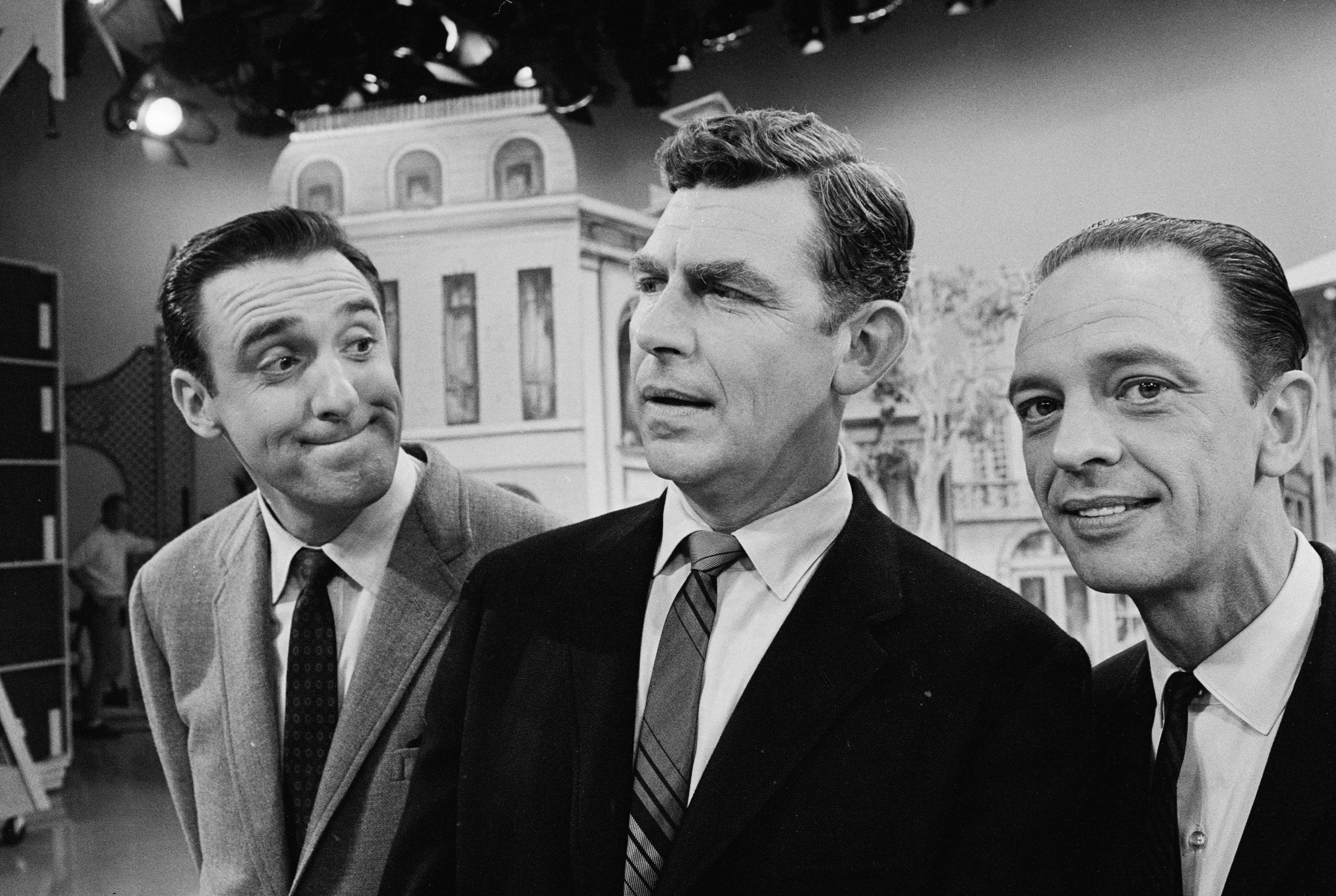 Jim Nabors, Andy Griffith, and Don Knotts in front of a set