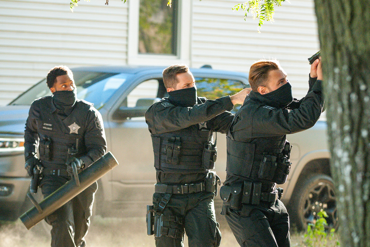 LaRoyce Hawkins (left) as Kevin Atwater, Jesse Lee Soffer as Jay Halstead, and Patrick John Flueger as Adam Ruzek in Season 8 of 'Chicago P.D.'