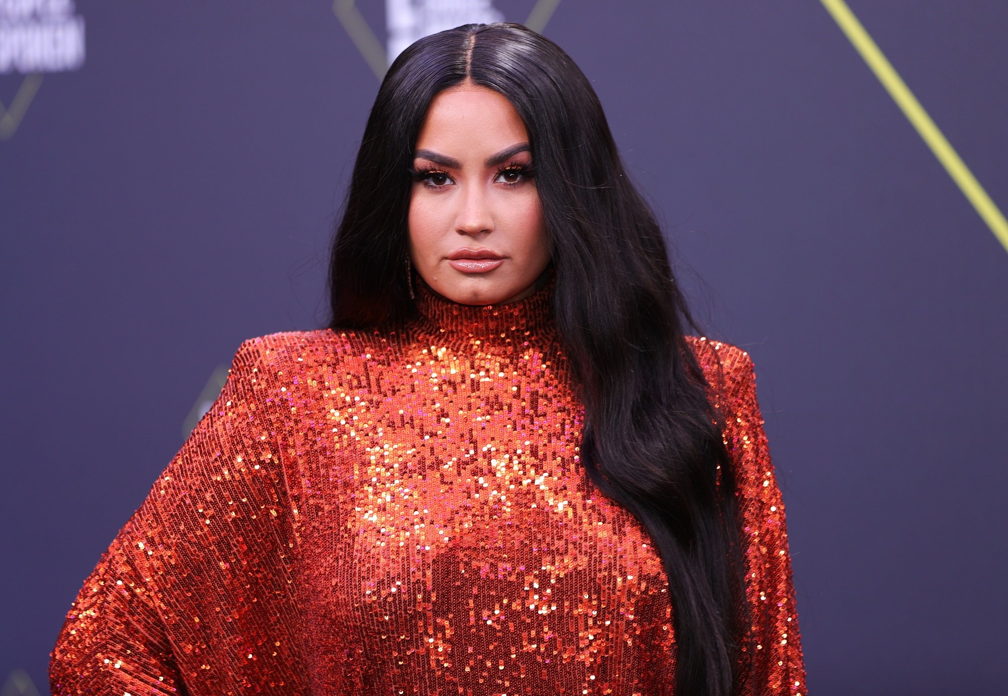 Demi Lovato arrives at the 2020 E! People's Choice Awards in Santa Monica, California.