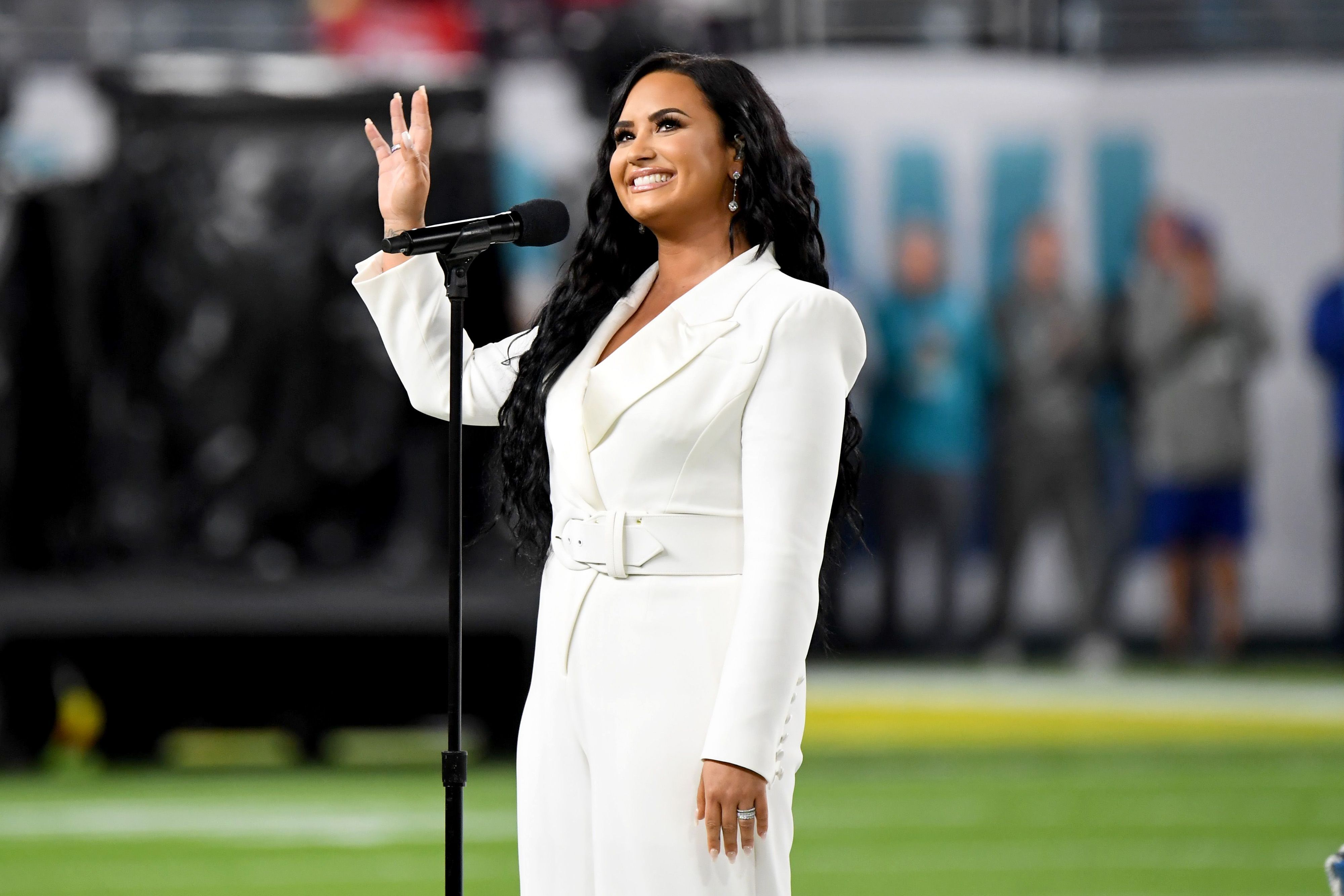 Demi Lovato performs the National Anthem onstage during Super Bowl LIV on February 02, 2020 in Miami Gardens, Florida.