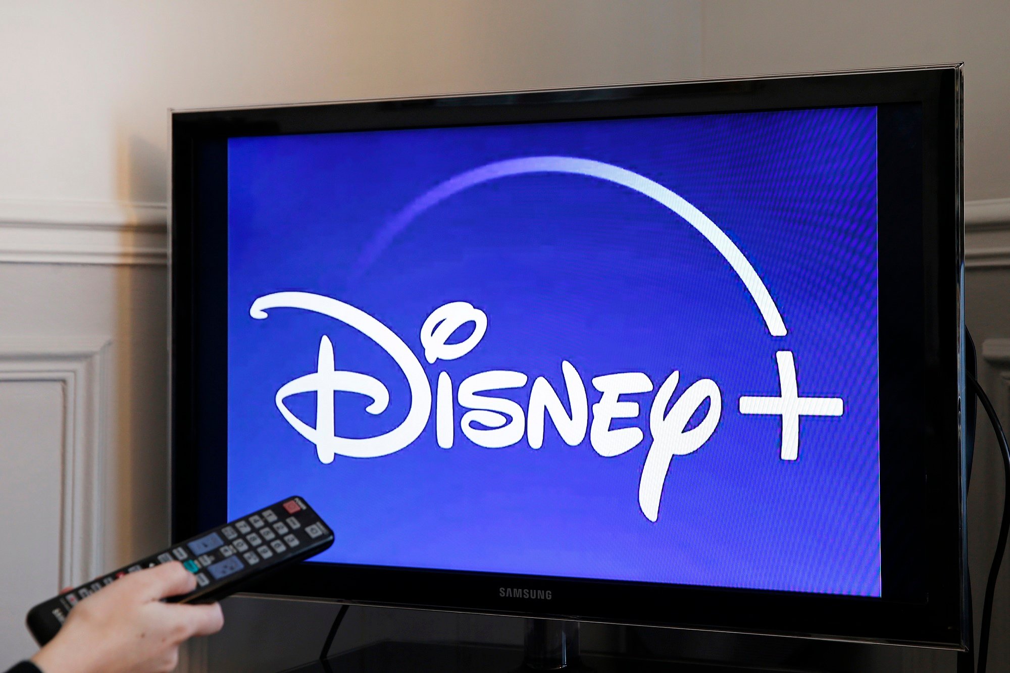 In this photo illustration, the Disney + logo is displayed on the screen of a television on November 08, 2019 in Paris, France.