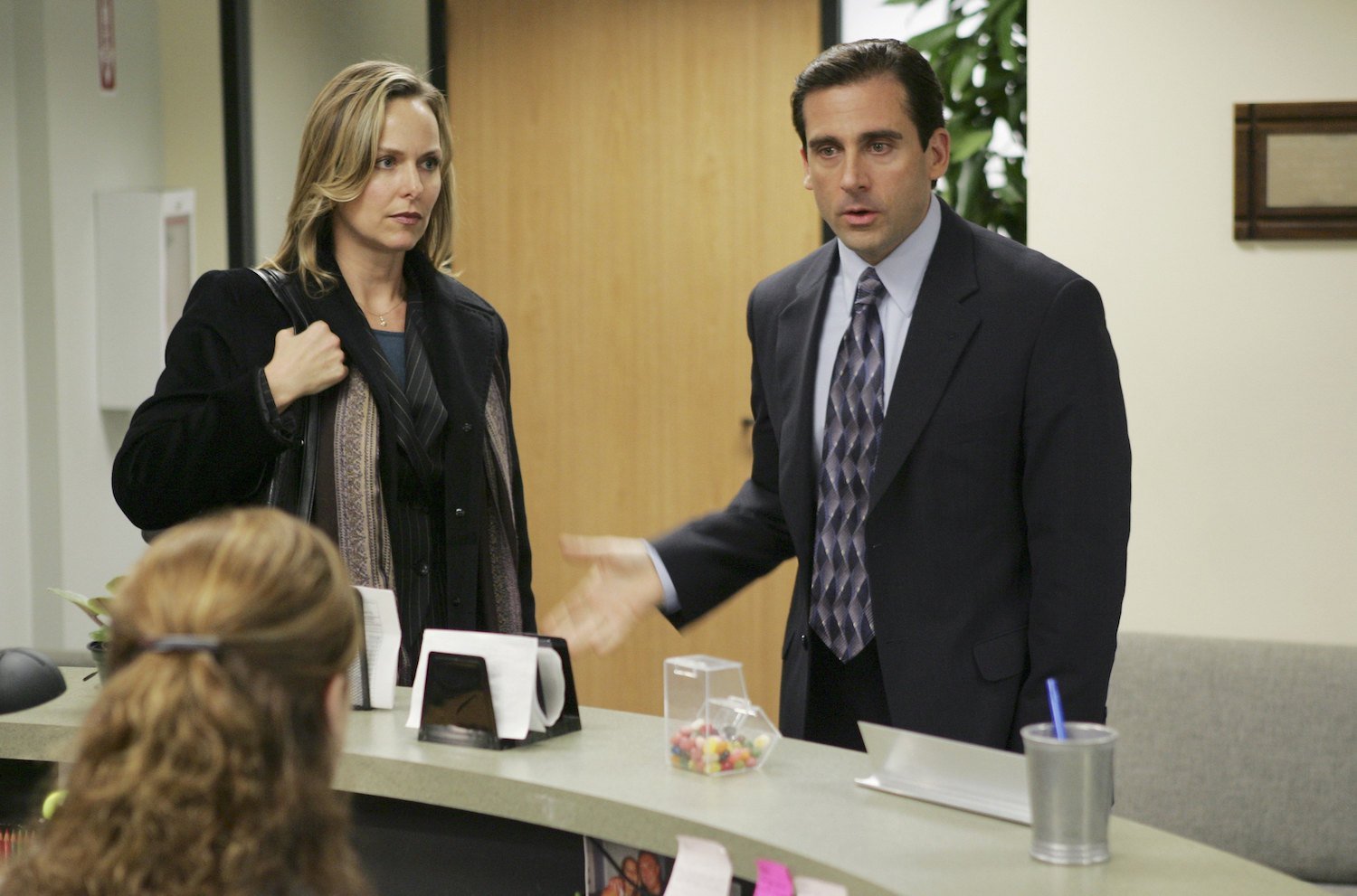 Jenna Fischer as Pam, Melora Hardin as Jan, and Steve Carell as Michael on 'The Office'