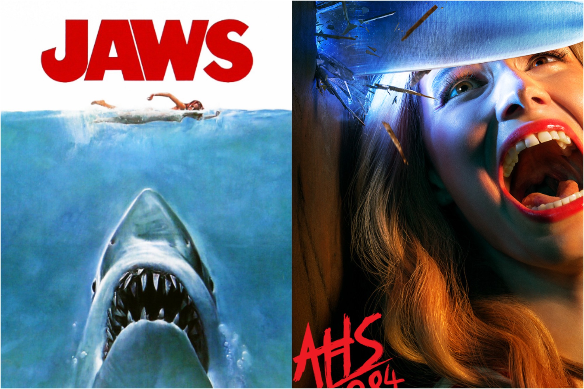 Poster for 'Jaws,' a 1975 American Thriller film directed by Steven Spielberg / Poster for Season 9 of 'American Horror Story: 1984.'