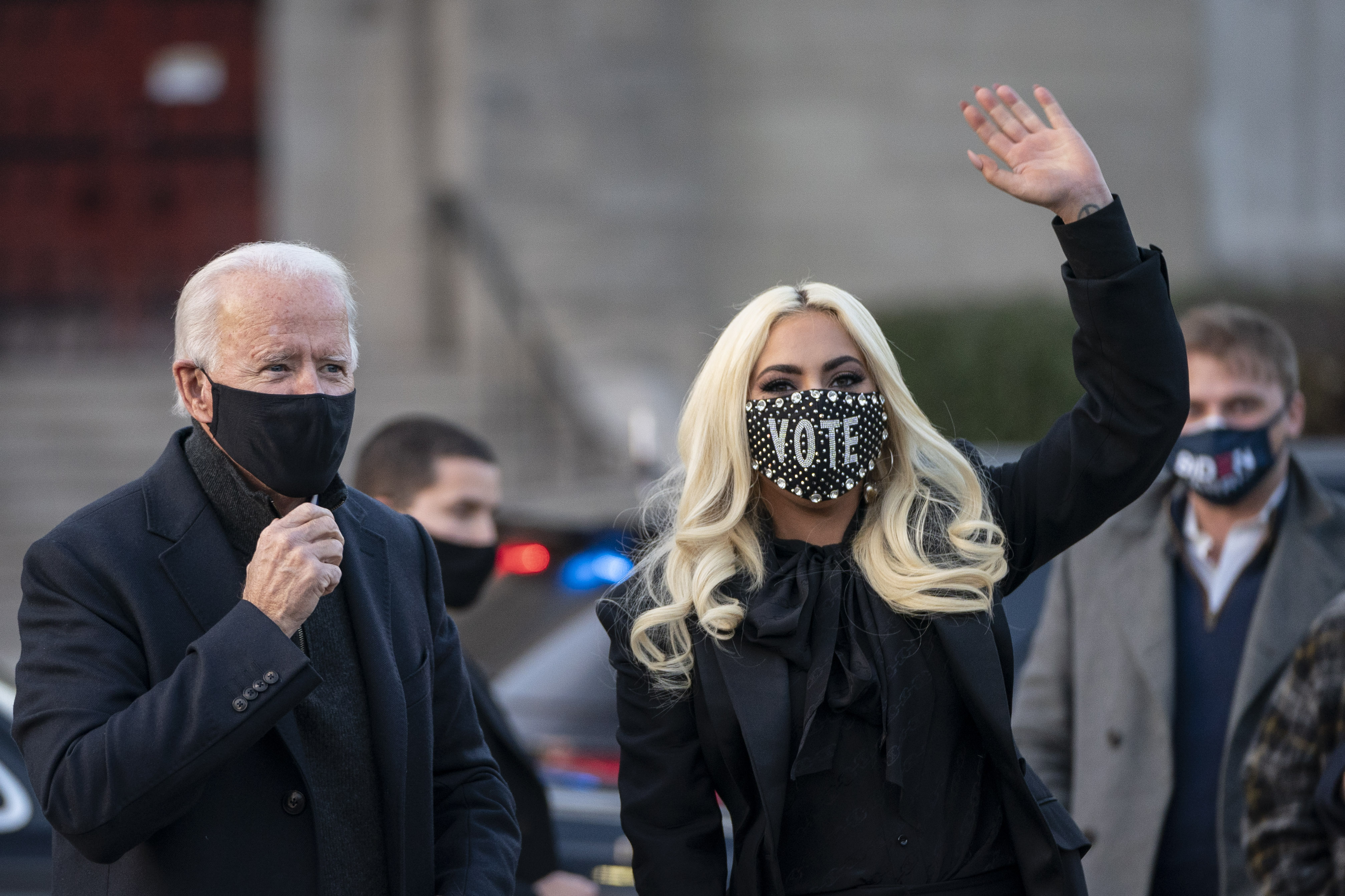 Democratic presidential nominee Joe Biden and Lady Gaga greet college students at Schenley Park on November 2, 2020, in Pittsburgh, Pennsylvania.