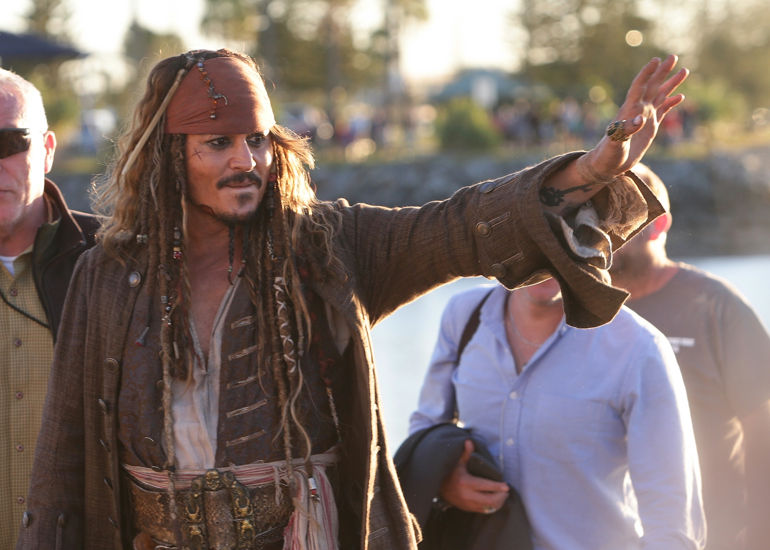 Johnny Depp greets fans in costume as Jack Sparrow after after a day of filming 'Pirates of the Caribbean: Dead Men Tell No Tales