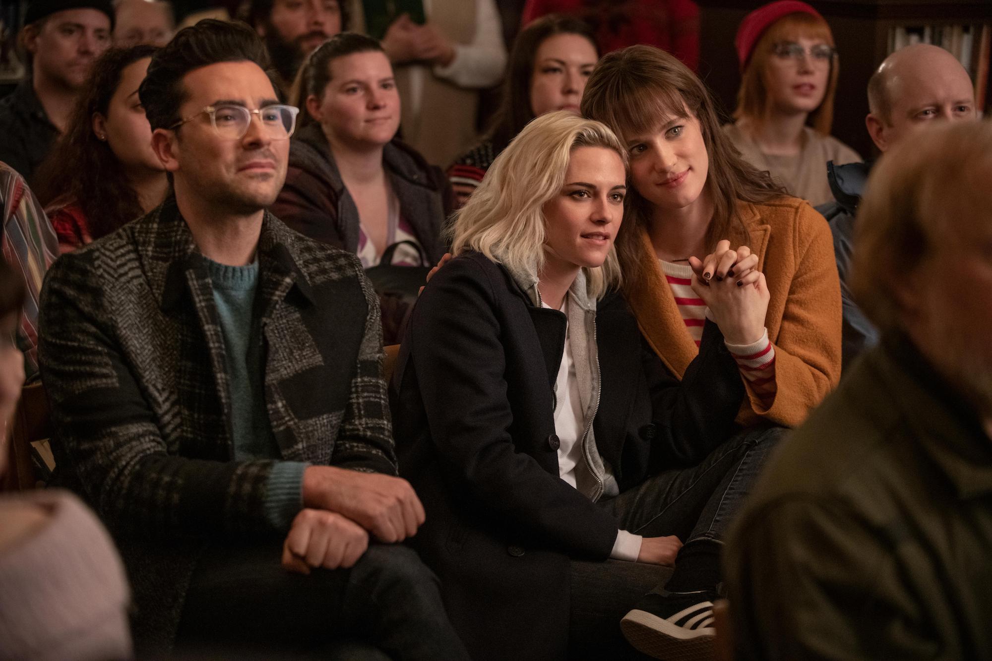 John (Levy), Abby (Stewart) and Harper (Mackenzie Davis) in 'Happiest Season'