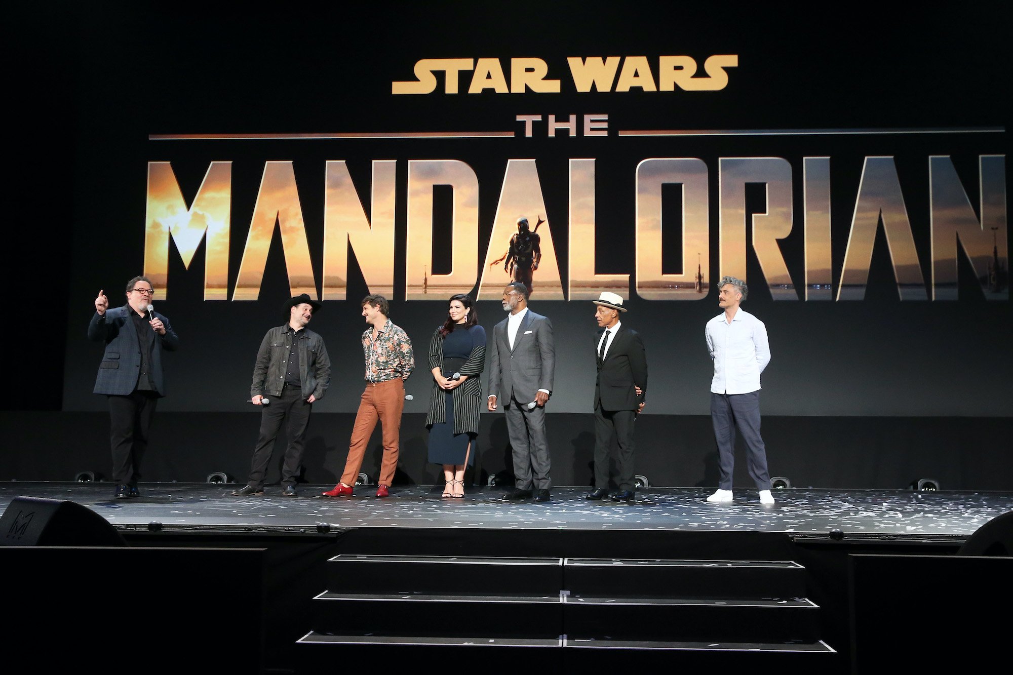 Executive producer/writers Jon Favreau, Dave Filoni, Pedro Pascal, Gina Carano, Carl Weathers, Giancarlo Esposito and Taika Waititi of 'The Mandalorian'