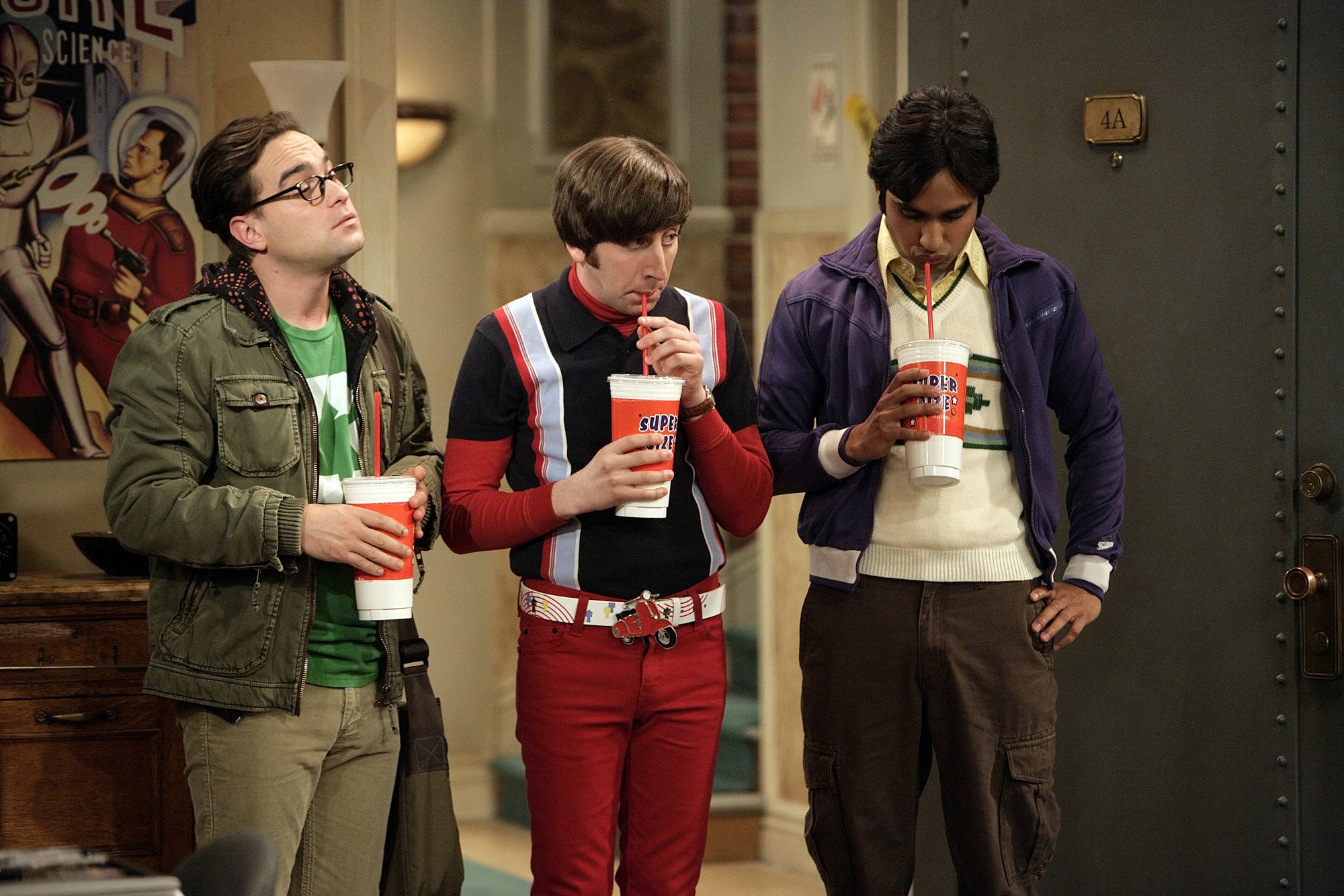 Leonard, Howard and Raj stand in the hallway in 'The Big Bang Theory' 