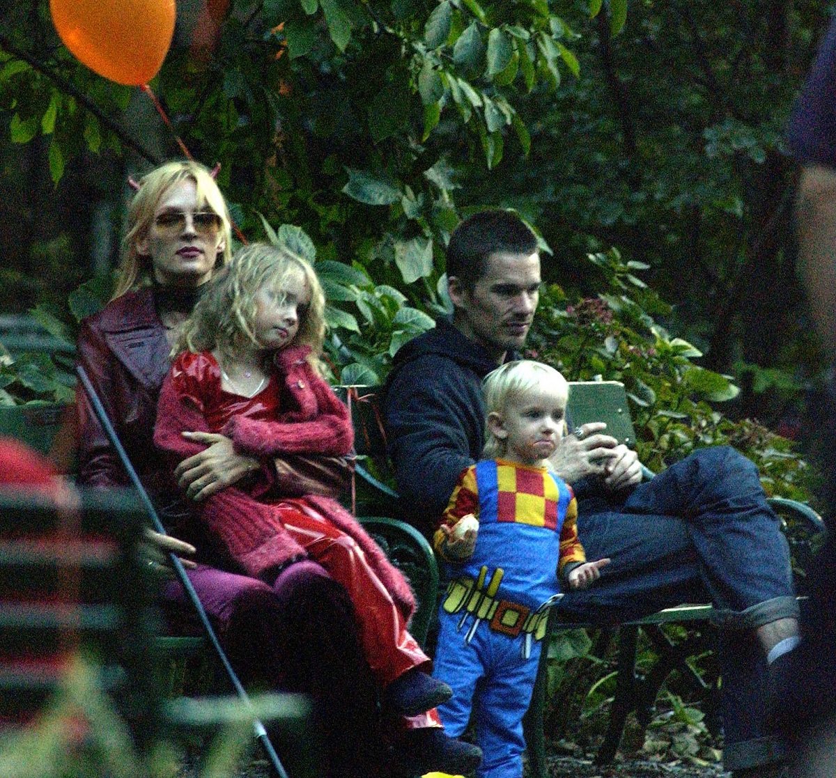 Ethan Hawk visits Uma Thurman and his kids for Halloween on October 31, 2003, in New York City. 