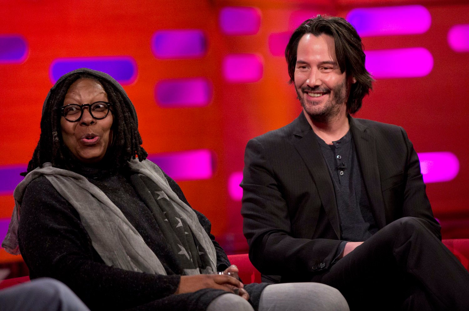 Whoopi Goldberg and Keanu Reeves during the filming of The Graham Norton Show