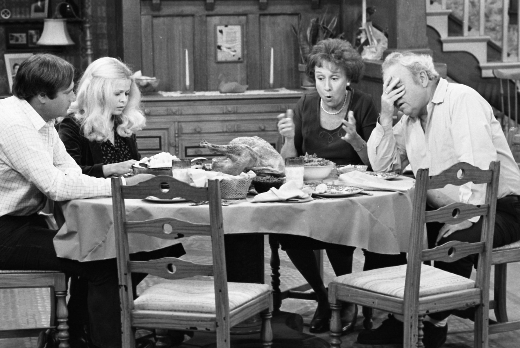 Rob Reiner, Sally Struthers, Carroll O'Connor and Jean Stapleton in a scene for 'All in the Family'