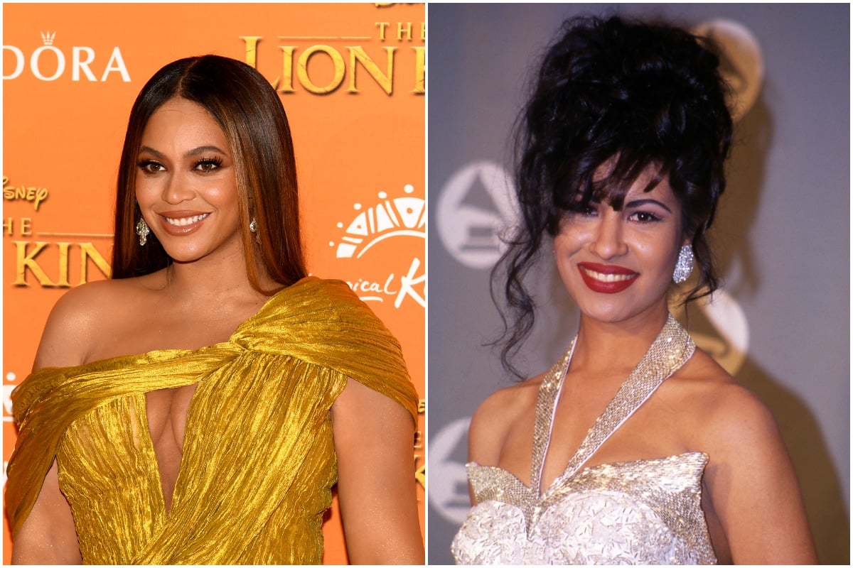 Beyonce Knowles-Carter attends the European Premiere of Disney's "The Lion King" at Odeon Luxe Leicester Square on July 14, 2019 in London, England./UNITED STATES - MARCH 09: Selena in the press room at the 1994 Grammy Awards in New York City, New York