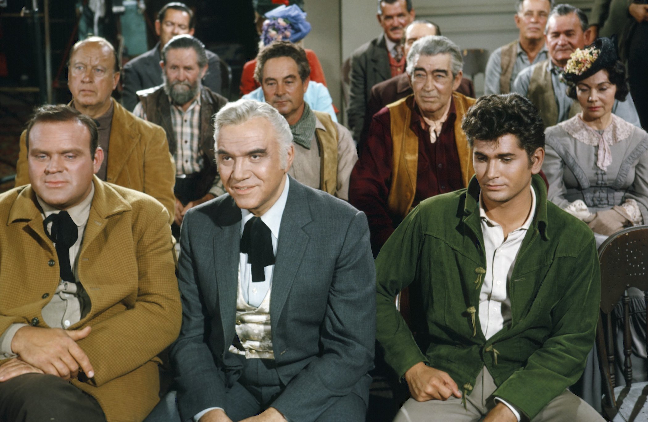 (l-r) Dan Blocker as Eric 'Hoss' Cartwright, Lorne Greene as Ben Cartwright, and Michael Landon as Joseph 'Little Joe' Cartwright on 'Bonanza'