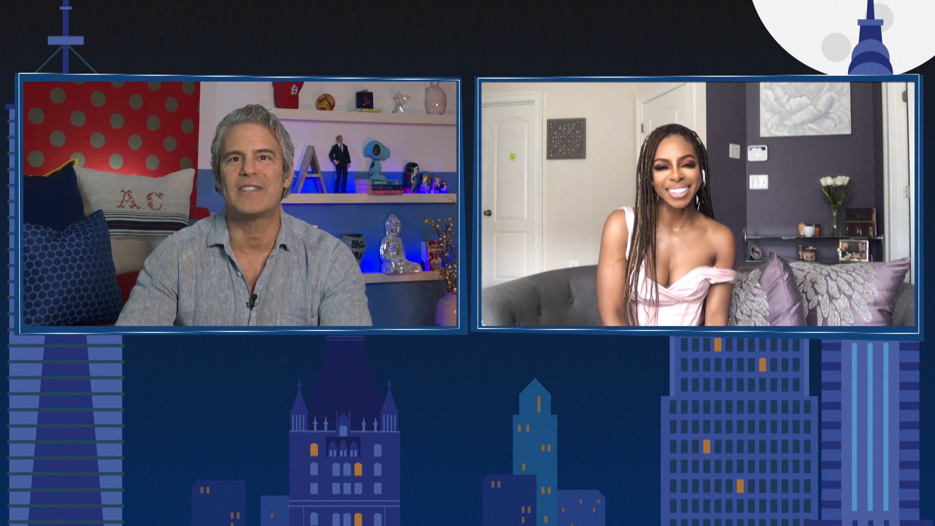 'Watch What Happens Live with Andy Cohen at Home' -- Episode 17147 -- Pictured in this screen grab: (l-r) Andy Cohen, Candiace Dillard Bassett