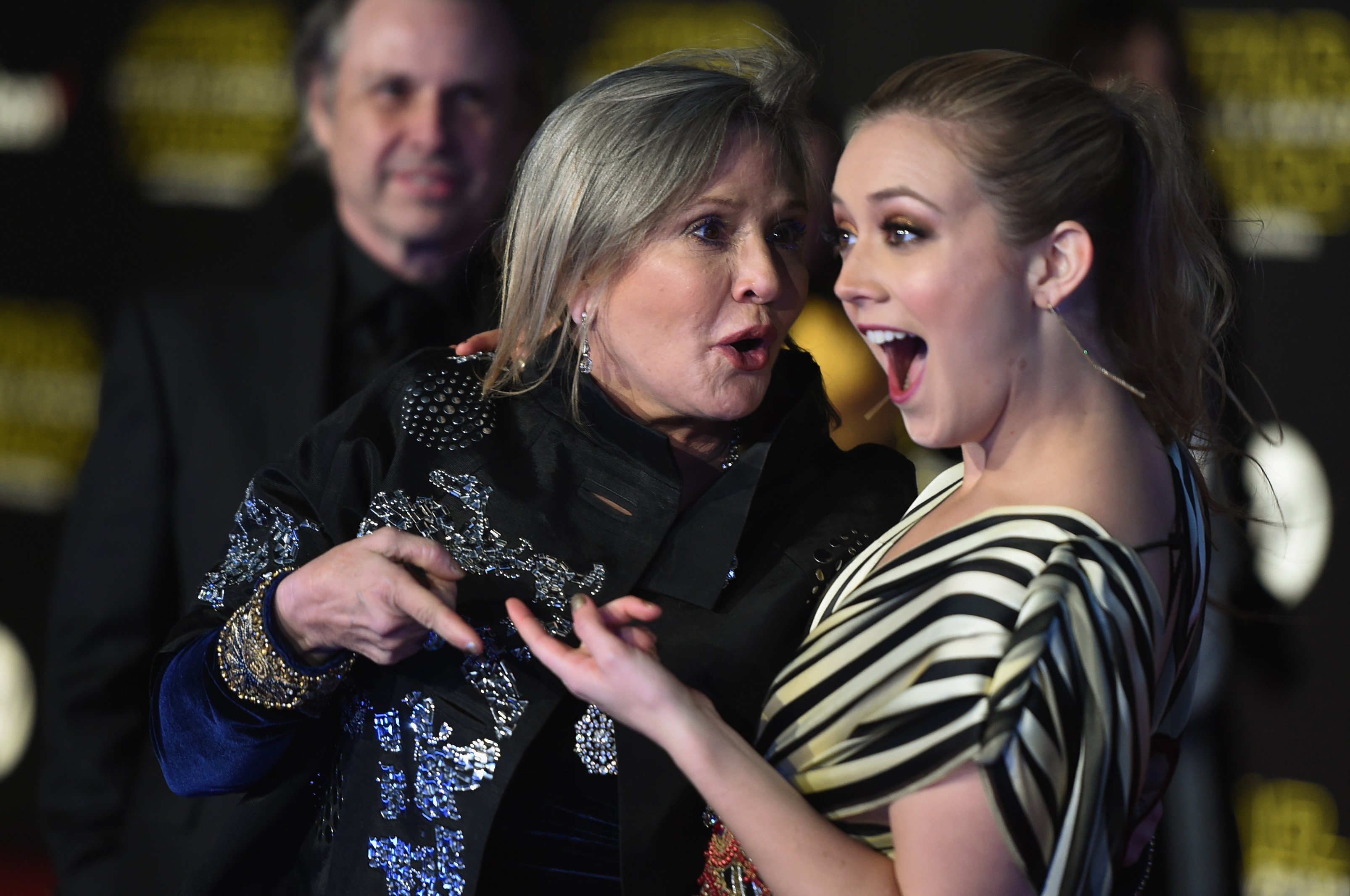 Actresses Carrie Fisher (L) and Billie Lourd attend the Premiere of Walt Disney Pictures and Lucasfilm's "Star Wars: The Force Awakens" on December 14, 2015 in Hollywood, California