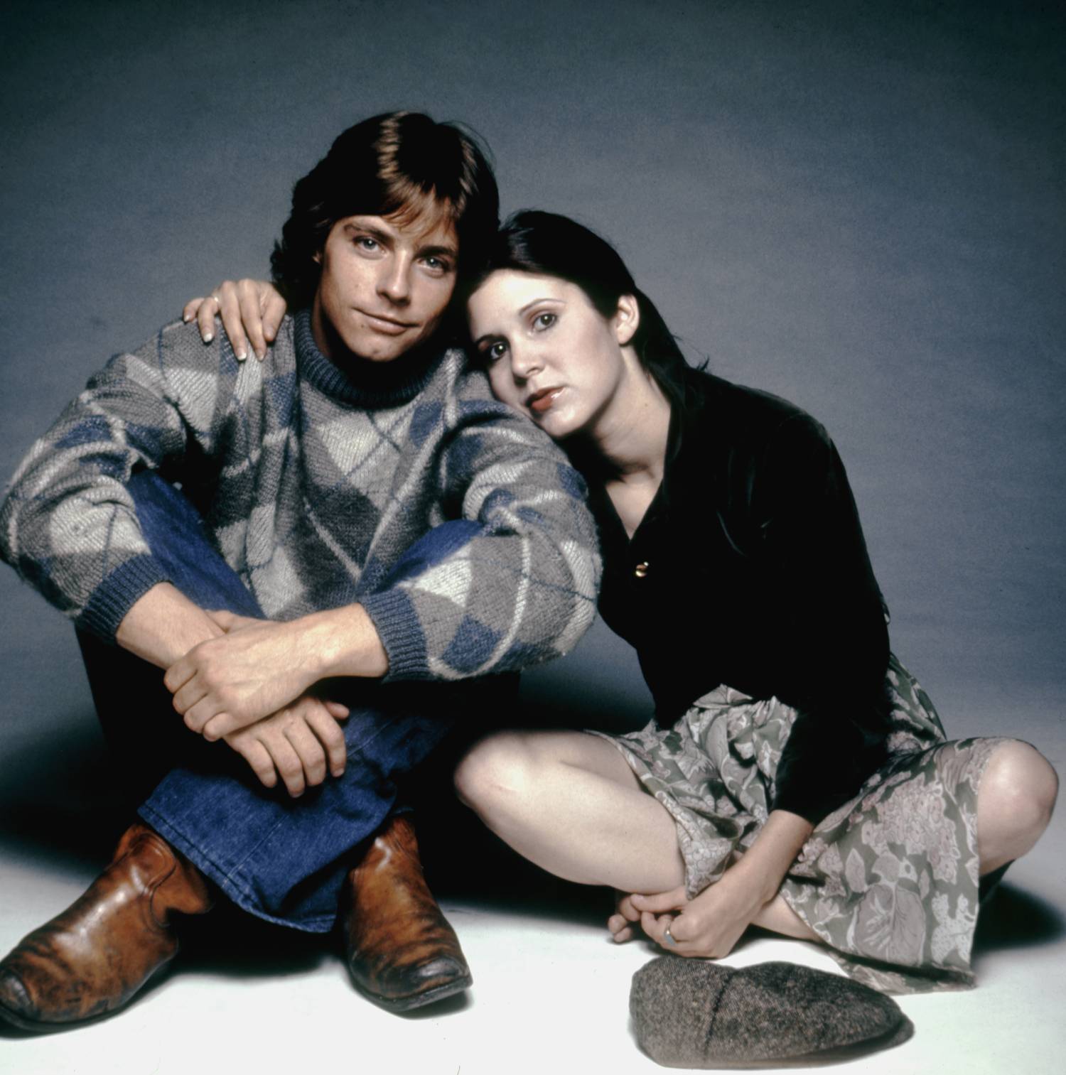 American actors Mark Hamill and Carrie Fisher on the set of Star Wars, written, directed and produced by George Lucas.