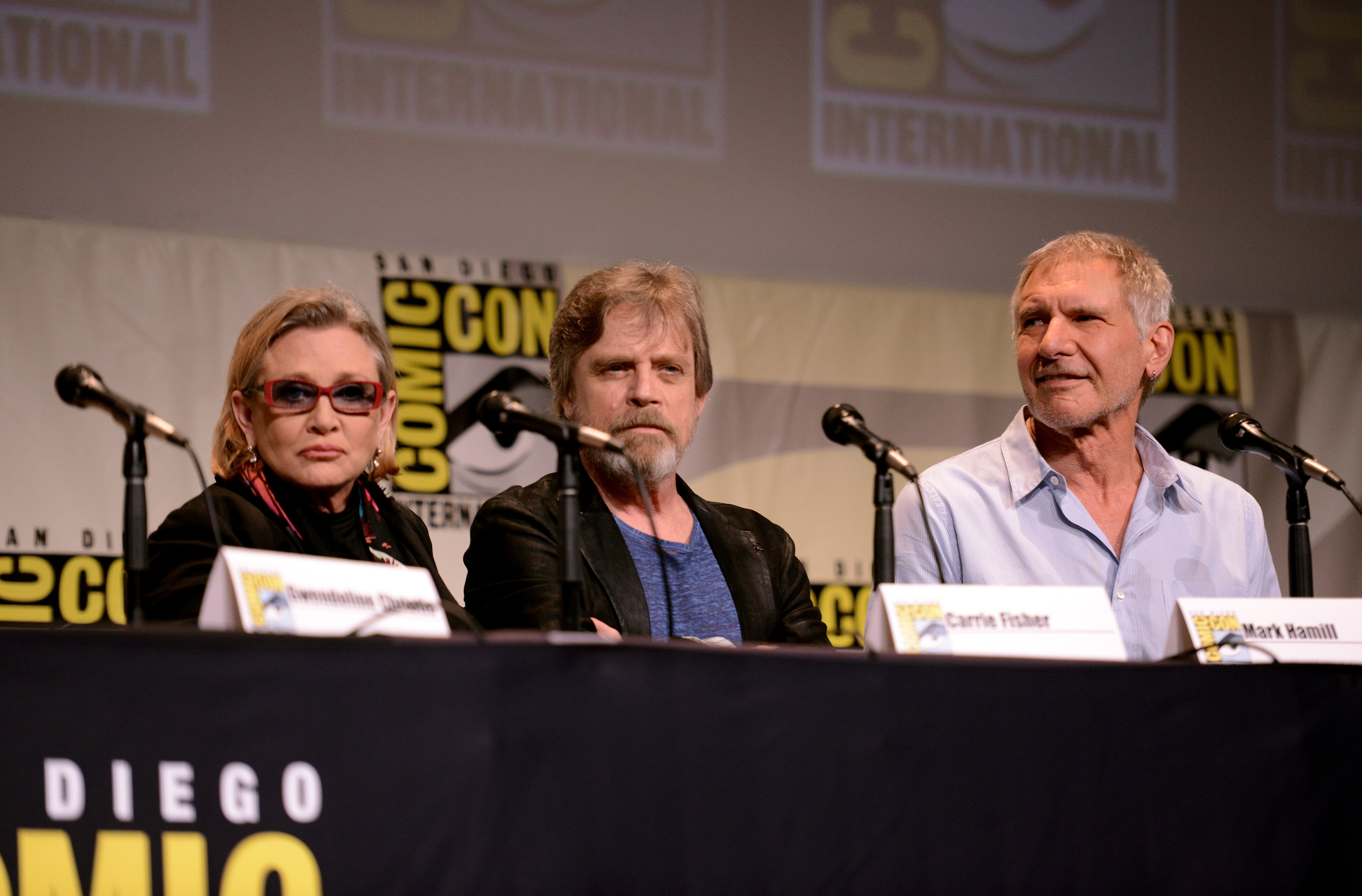 Carrie Fisher, actor Mark Hamill and actor Harrison Ford