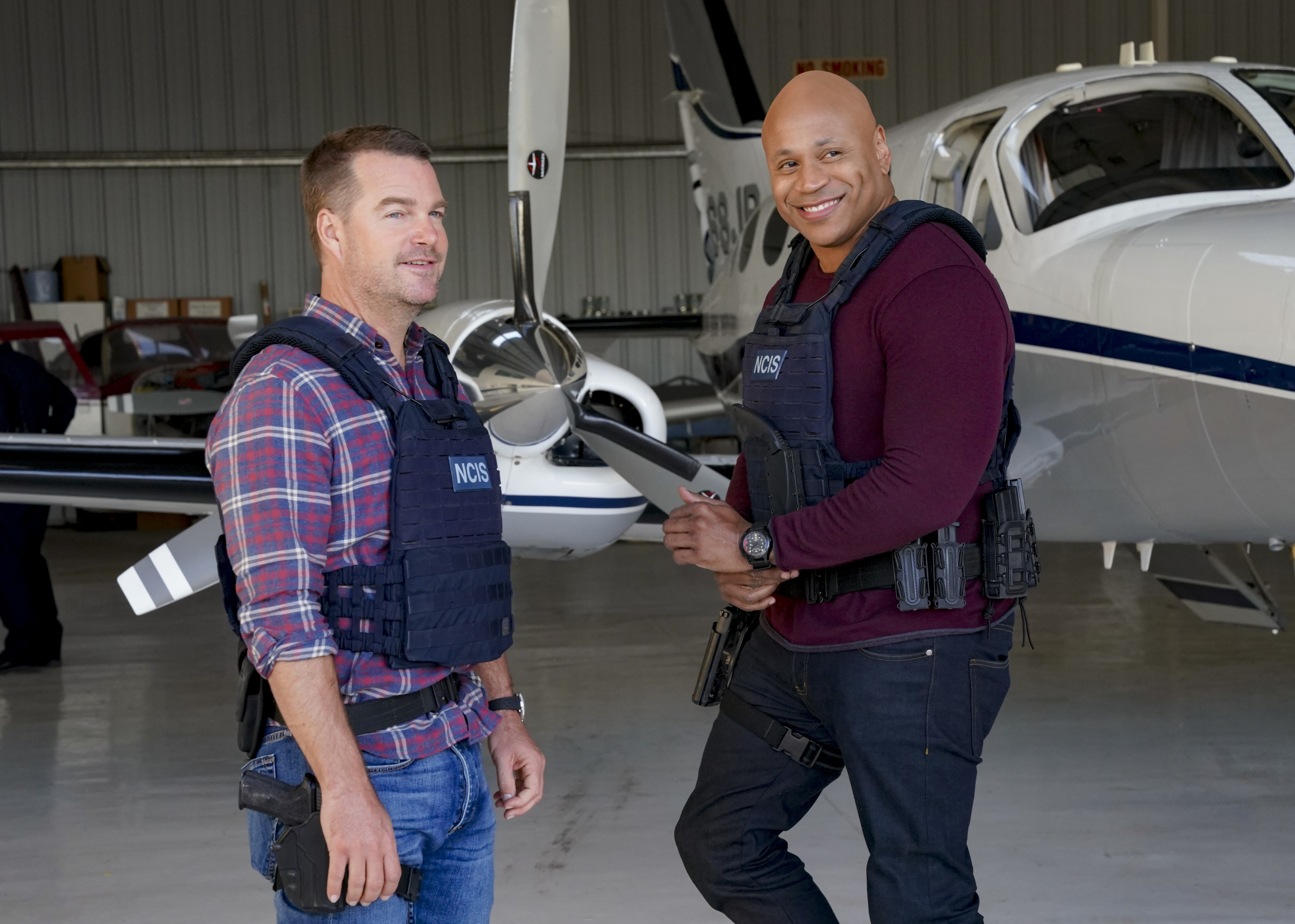 Chris O'Donnell (Special Agent G. Callen) and LL Cool J (Special Agent Sam Hanna) on the set of NCIS Los Angeles | Ron P. Jaffe/CBS via Getty Images