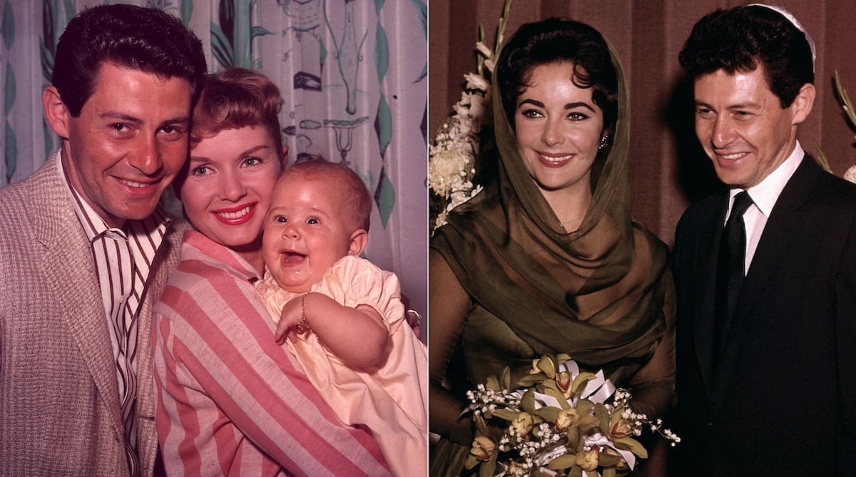 Eddie Fisher, Debbie Reynolds, and Carrie Fisher (L), and Elizabeth Taylor and Eddie Fisher on their wedding day (R) | Hulton Archive/Bettmann/Getty Images