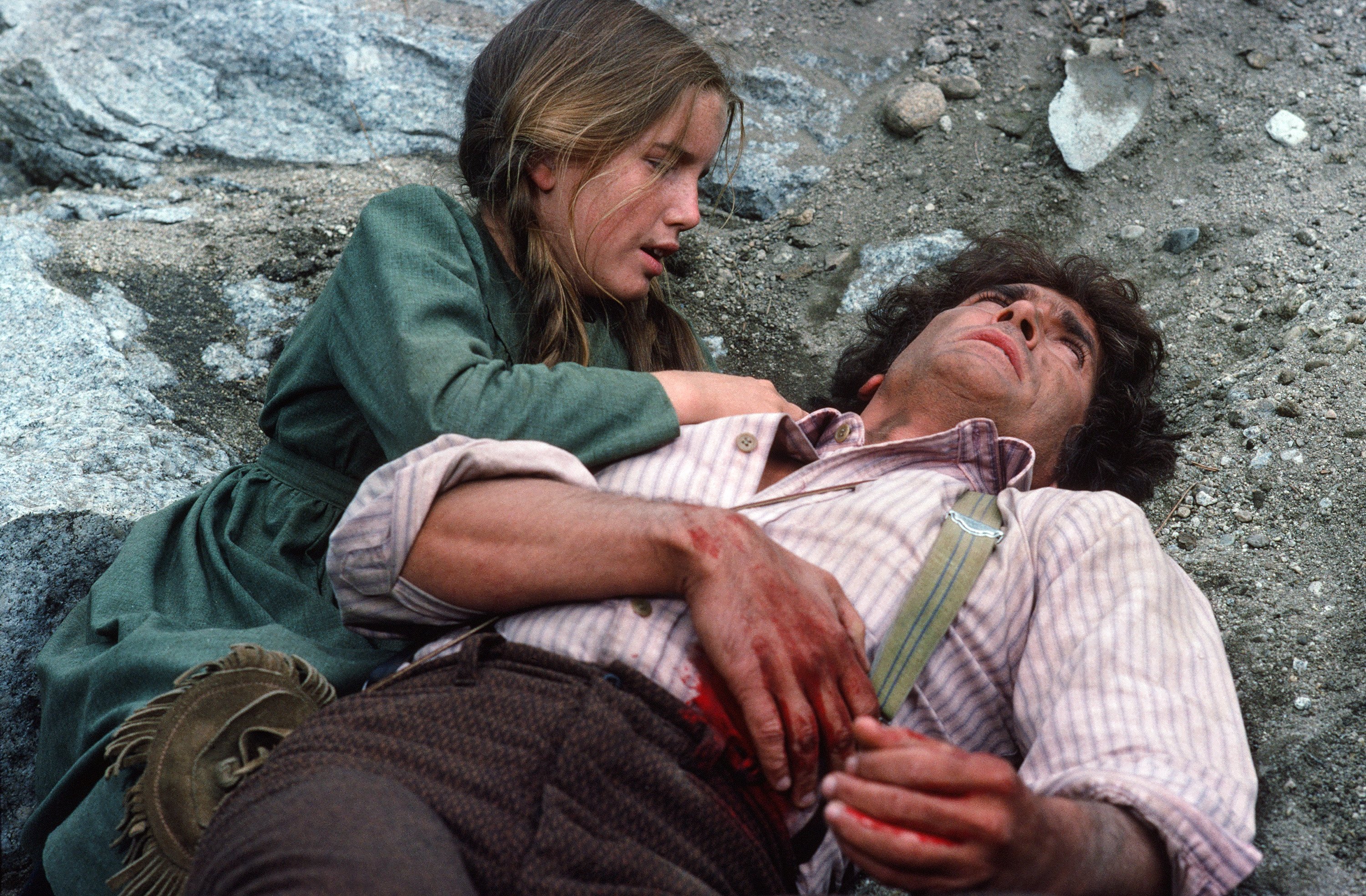 Melissa Gilbert, left, with Michael Landon in a scene from 'Little House on the Prairie', 1976