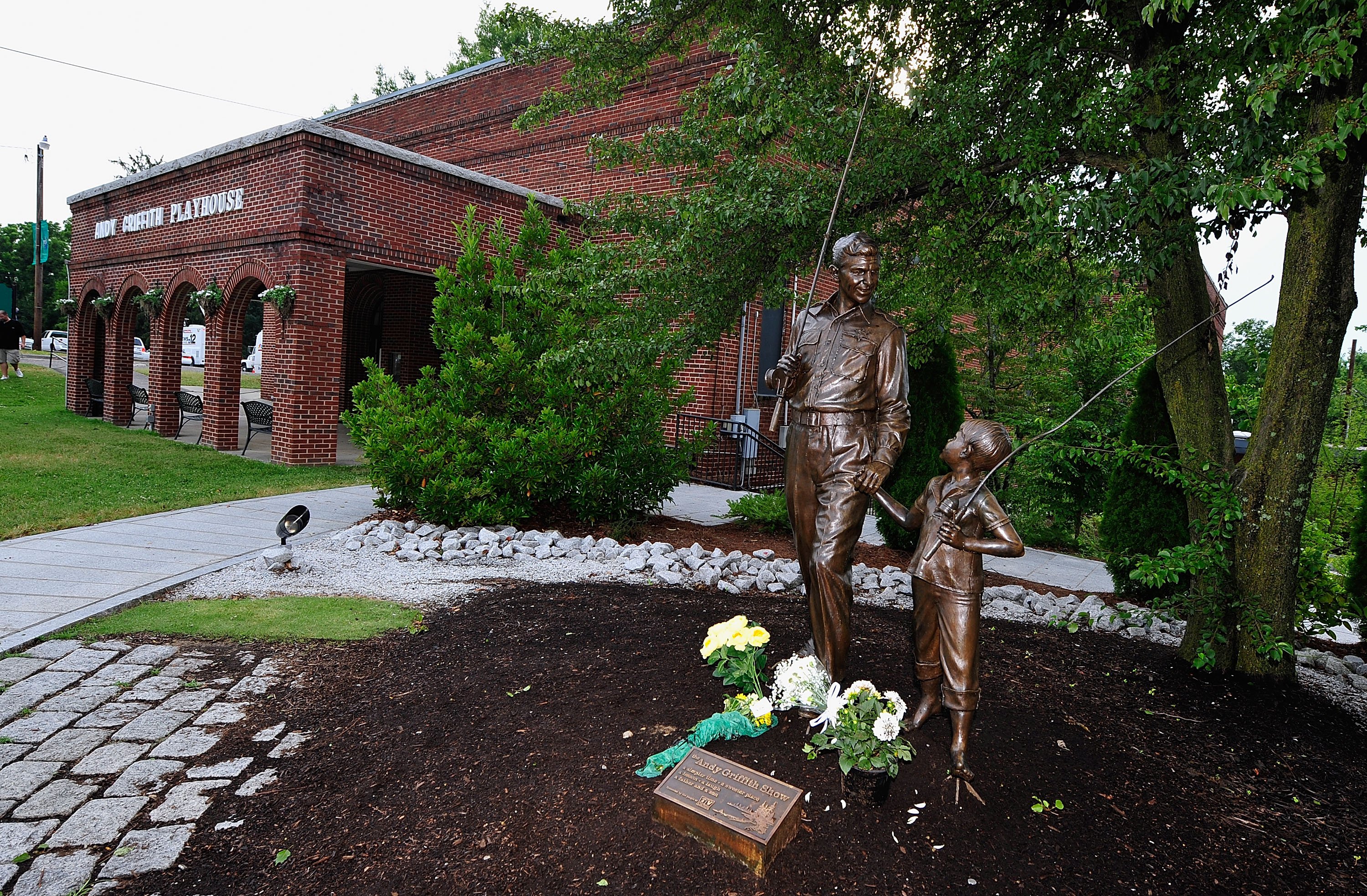 Statue commemorating Andy Griffith as Andy Taylor and son Opie at Andy Griffith Museum in Mount Airy, North Carolina