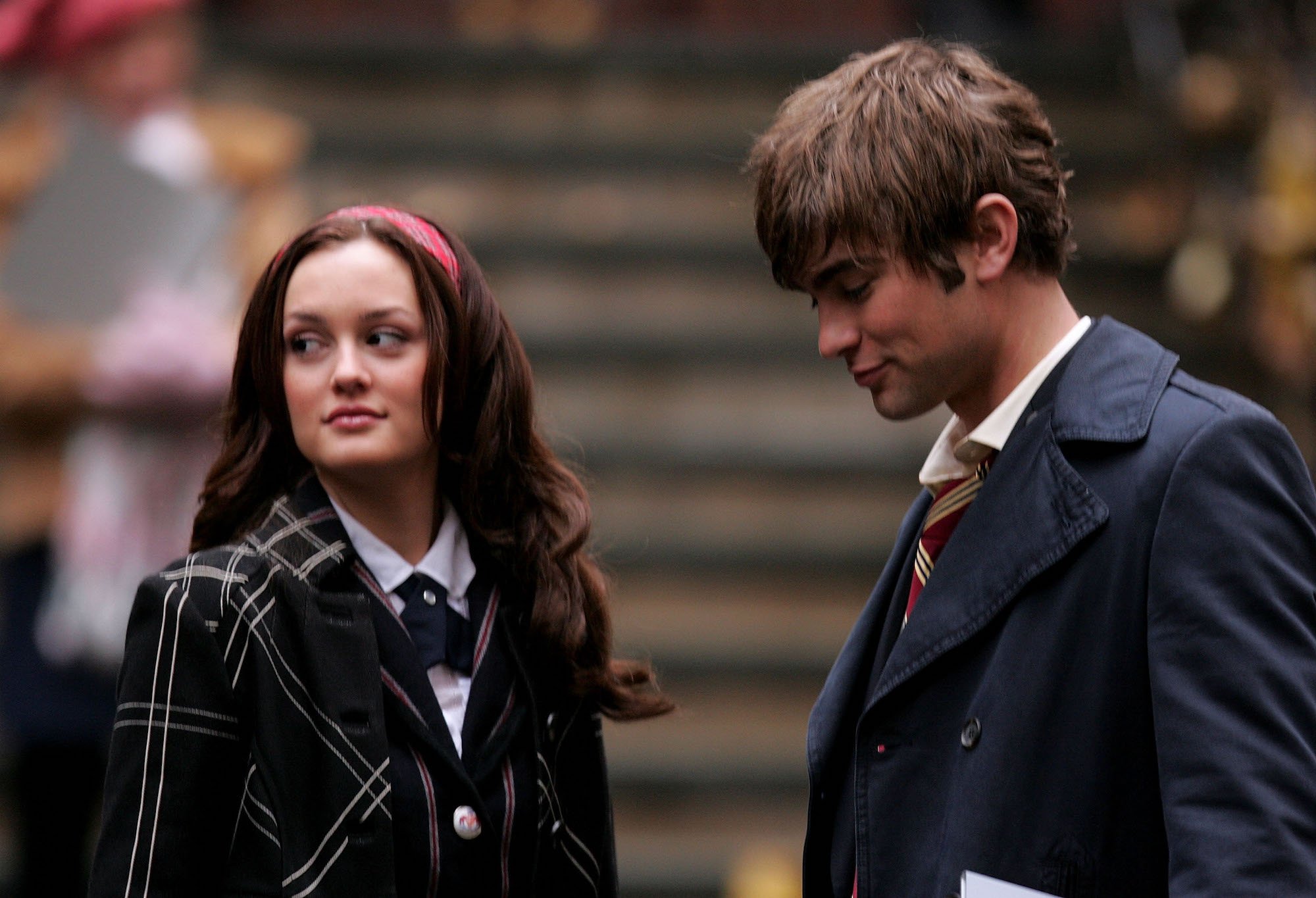 (L-R) Leighton Meester as Blair Waldorf and Chace Crawford as Nate Archibald on set of 'Gossip Girl'