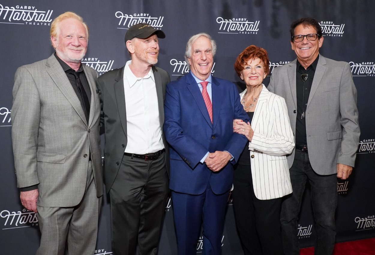 'Happy Days' cast members Don Most, Ron Howard, Henry Winkler, Marion Ross and Anson Williams smile for a photo