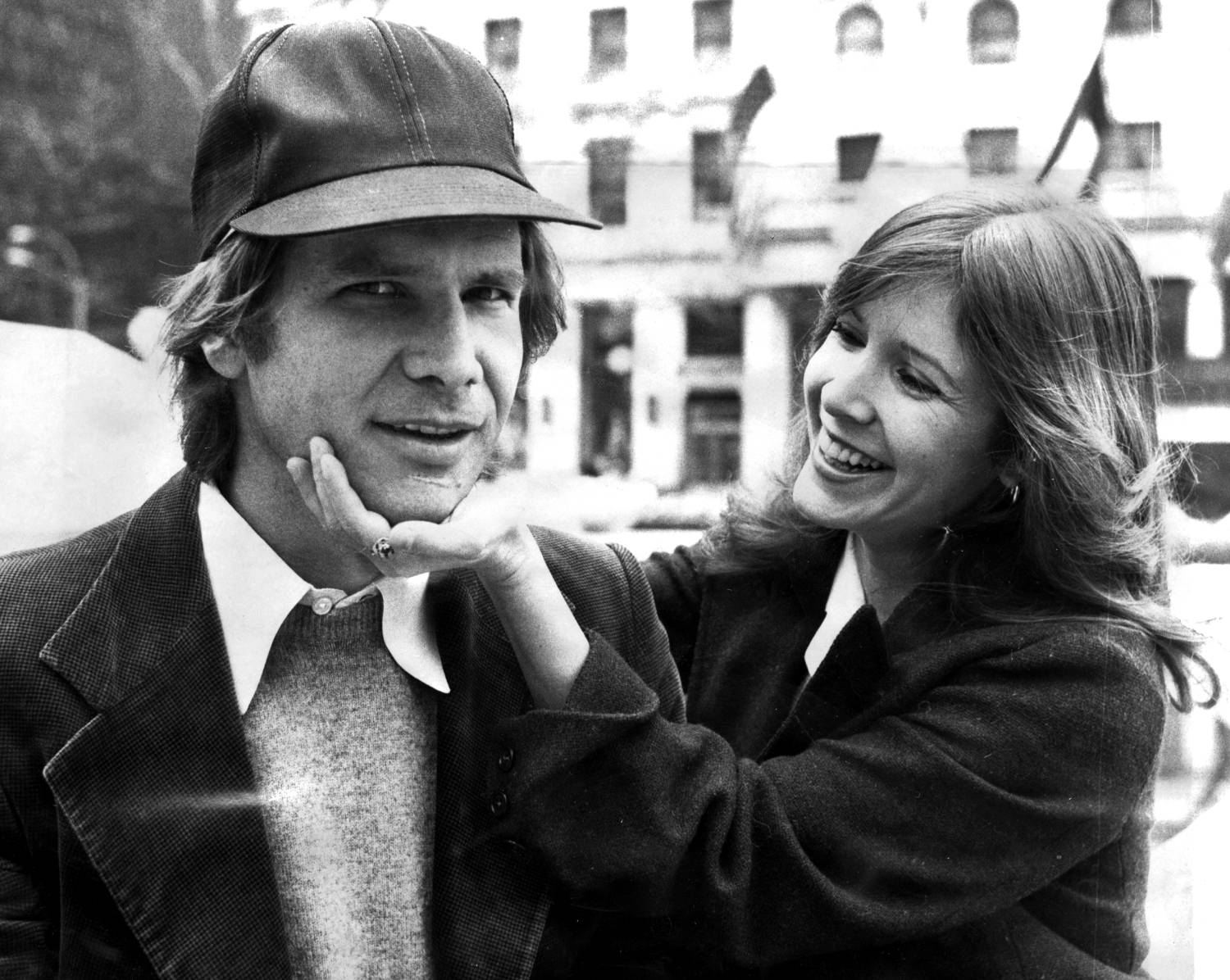 Harrison Ford and Carrie Fisher on Fifth Ave outside The Plaza hotel. They were in town for the movie "Star Wars."