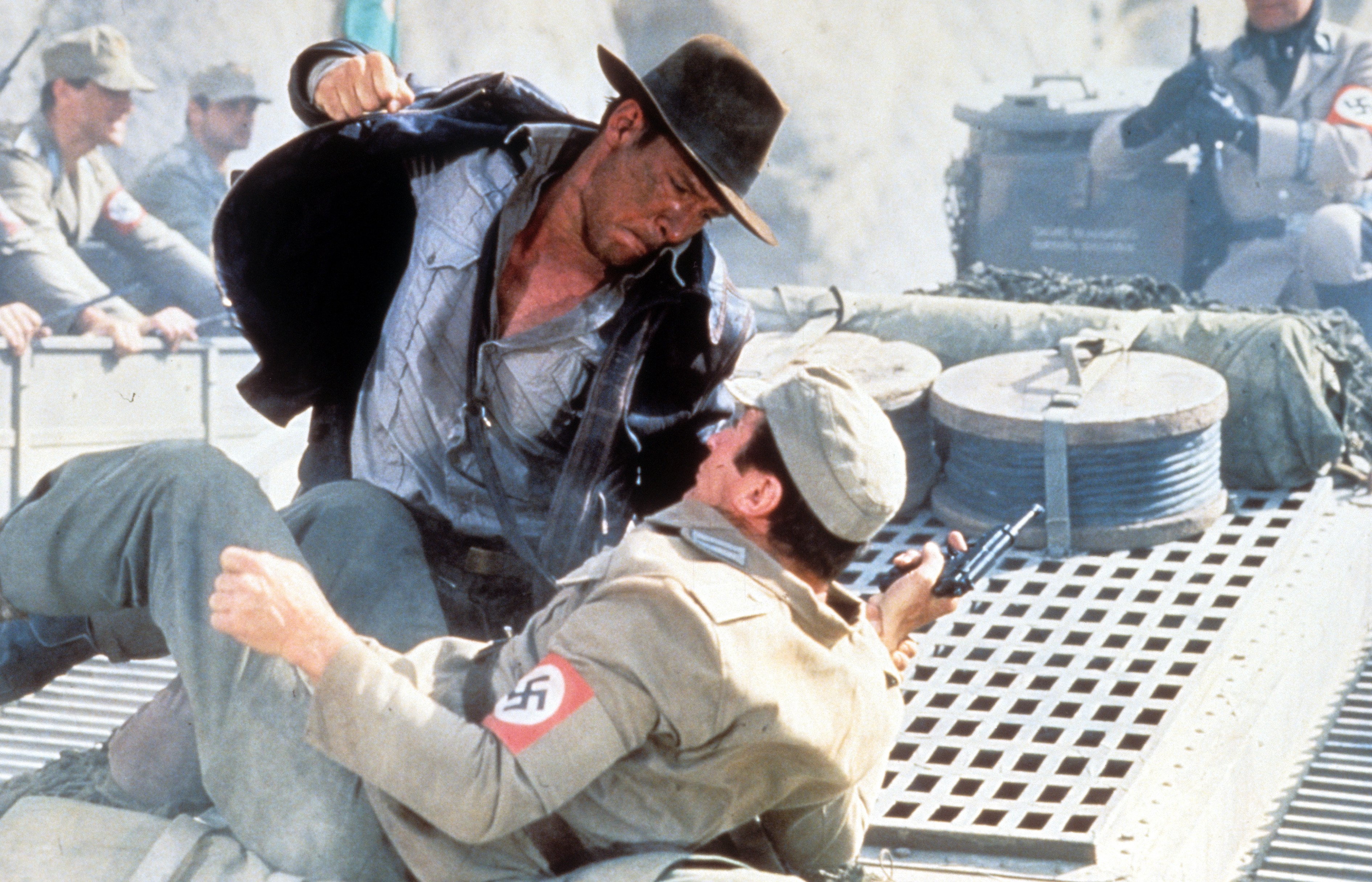 Harrison Ford punches a man in a scene from the film 'Indiana Jones and the Last Crusade.'