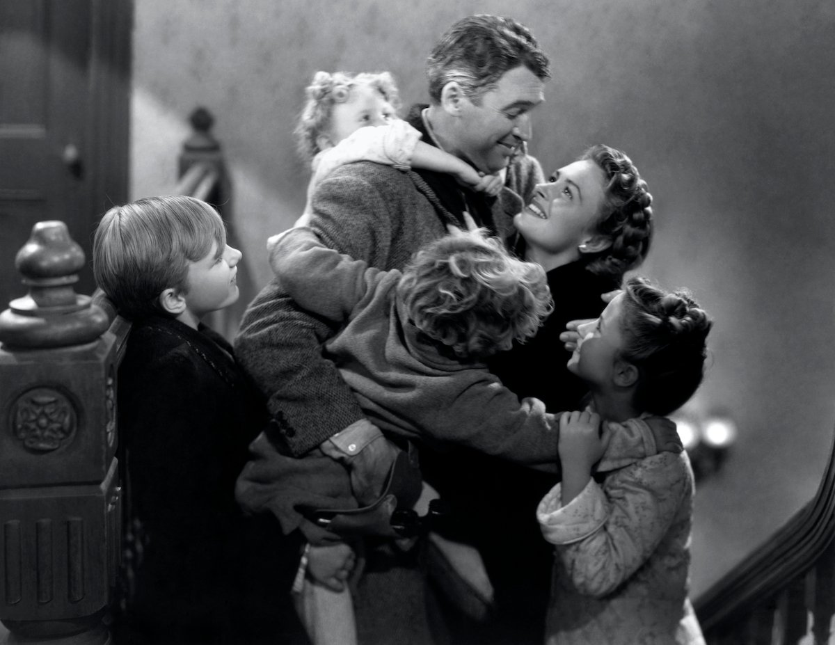 James Stewart, Donna Reed, Carol Coombs, Jimmy Hawkins, Larry Simms, and Karolyn Grimes in 'It's a Wonderful Life'